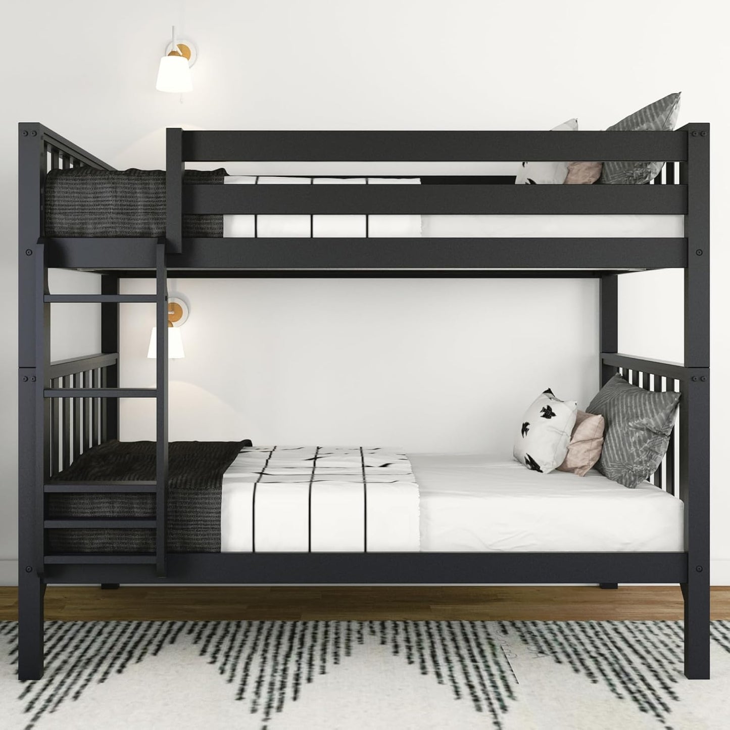 Max & Lily Bunk Bed, Scandinavian Modern Bunk Bed, Solid Wood Twin-Over-Twin Bed Frame for Kids, No Box Spring Needed, Black