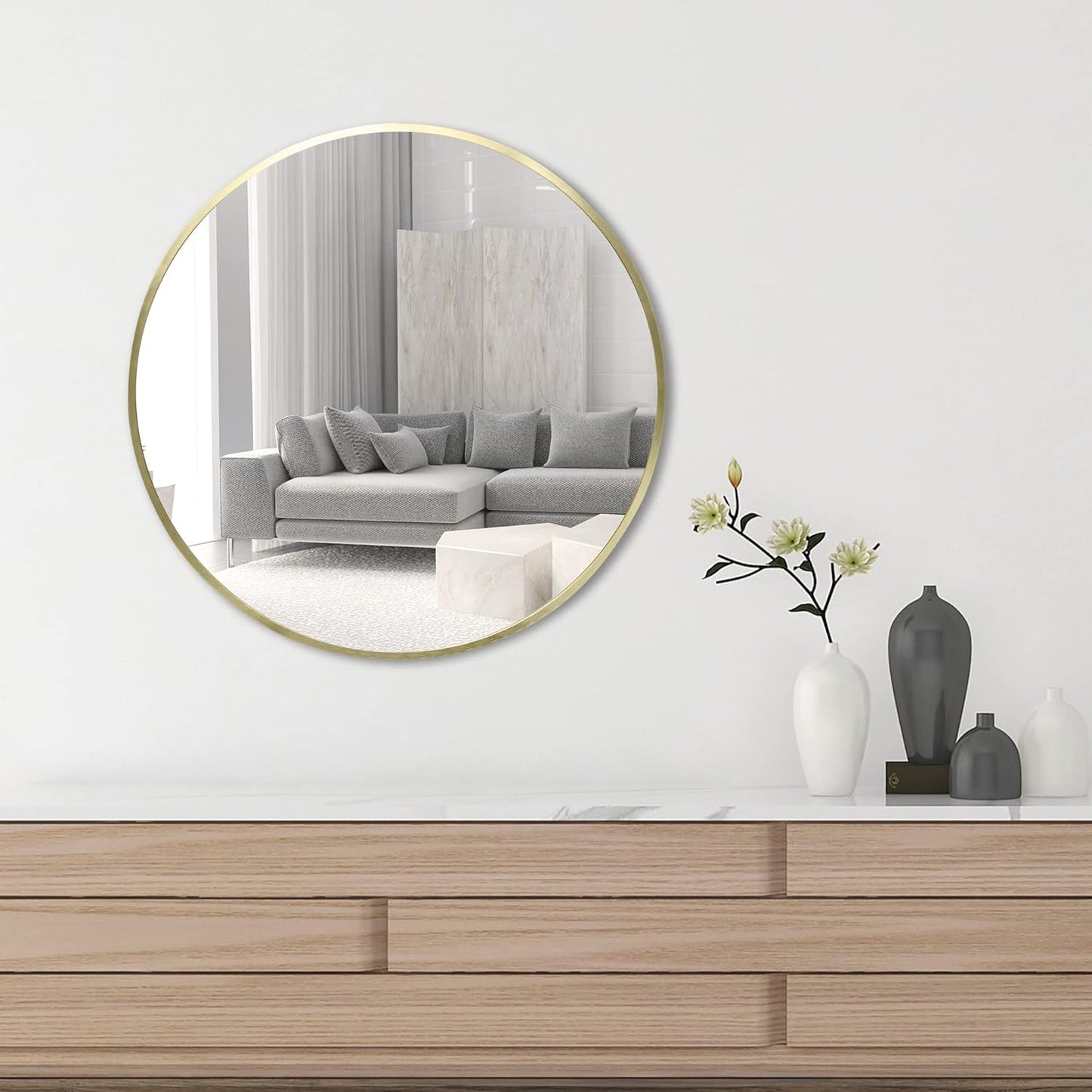 FrameWorks 24" Deluxe Contemporary Brass Gold Circular Aluminum Mirror