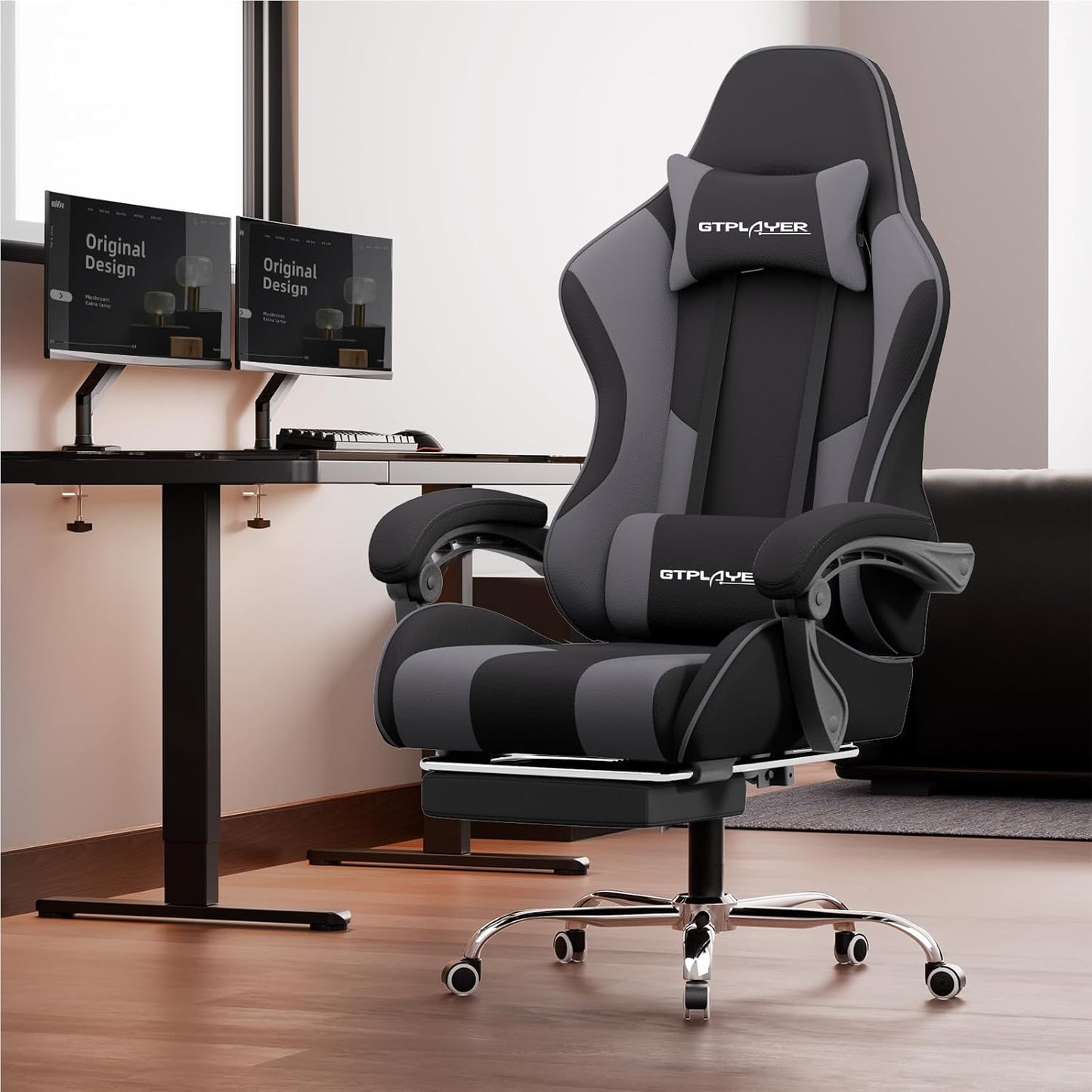 GTPLAYER Gaming Chair, Computer Chair with Footrest and Lumbar Support, Height Adjustable Game Chair with 360°-Swivel Seat and Headrest and for Office or Gaming (Darkgray, Fabric)
