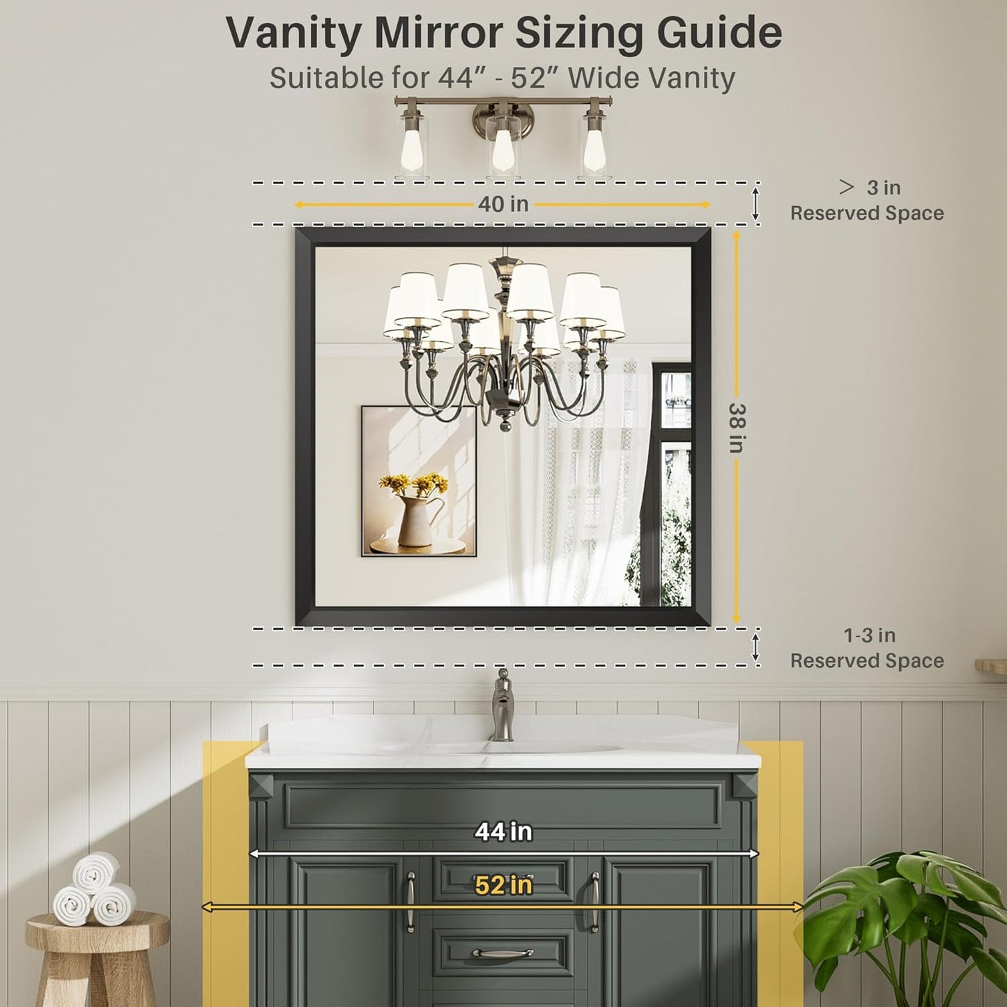 40x38 Inch Black Bathroom Mirror for Wall, Thick Metal Framed Rectangle Mirrors for Over Sink, Bedroom, Living Room, Entryway, Anti-Rust, HD Tempered Glass