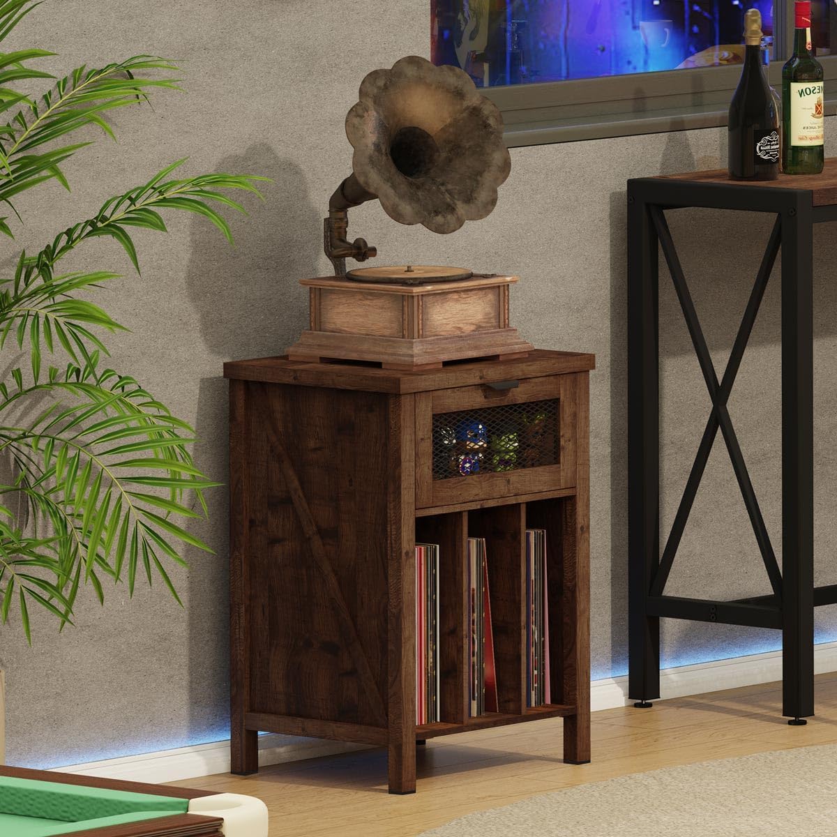 BON AUGURE Record Player Stand with Vinyl Storage, Farmhouse Record Player Cabinet End Table Holds up to 160 Albums, Brown Turntable Stand for Living Room, Bedroom, Office (Rustic Oak)