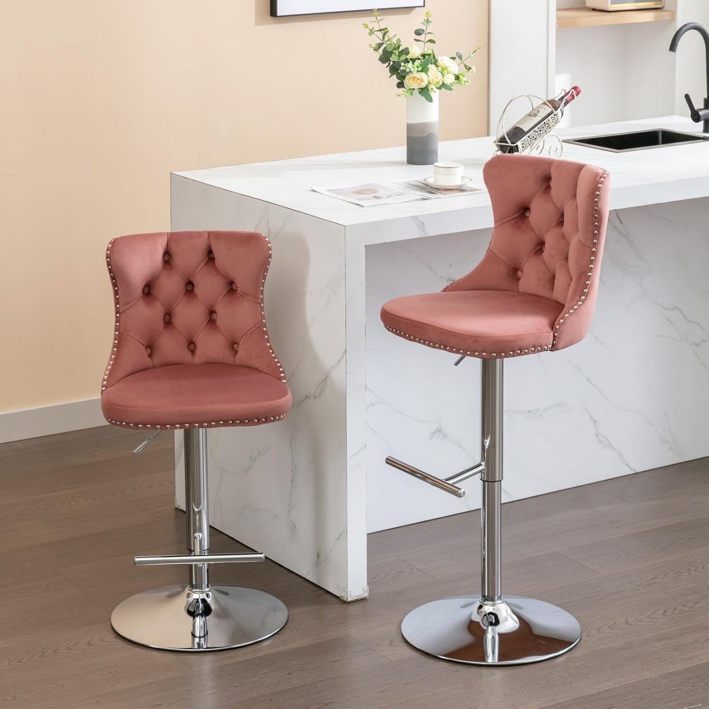 PacknWood Acosure Swivel Velvet Barstools Adjusatble Seat Height from 25-33" with Backs Comfortable Tufted Modern Upholstered Chrome Base Bar Chairs for Home Pub Kitchen,Pink,Set of 2