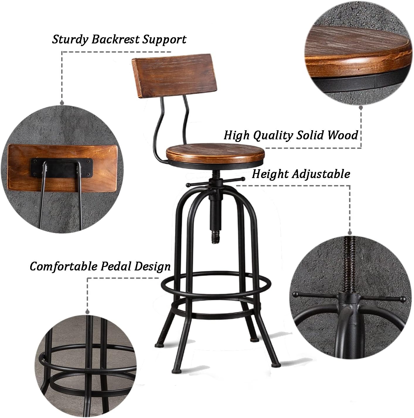 Diwhy Industrial Bar Stool-26-32 Inch Adjustable Swivel Metal Wood Seat Stool Bar Height Bar Stool with Backrest-for Kitchen, Dining Side Chair, Pub, Bistro, Set of 2, Black