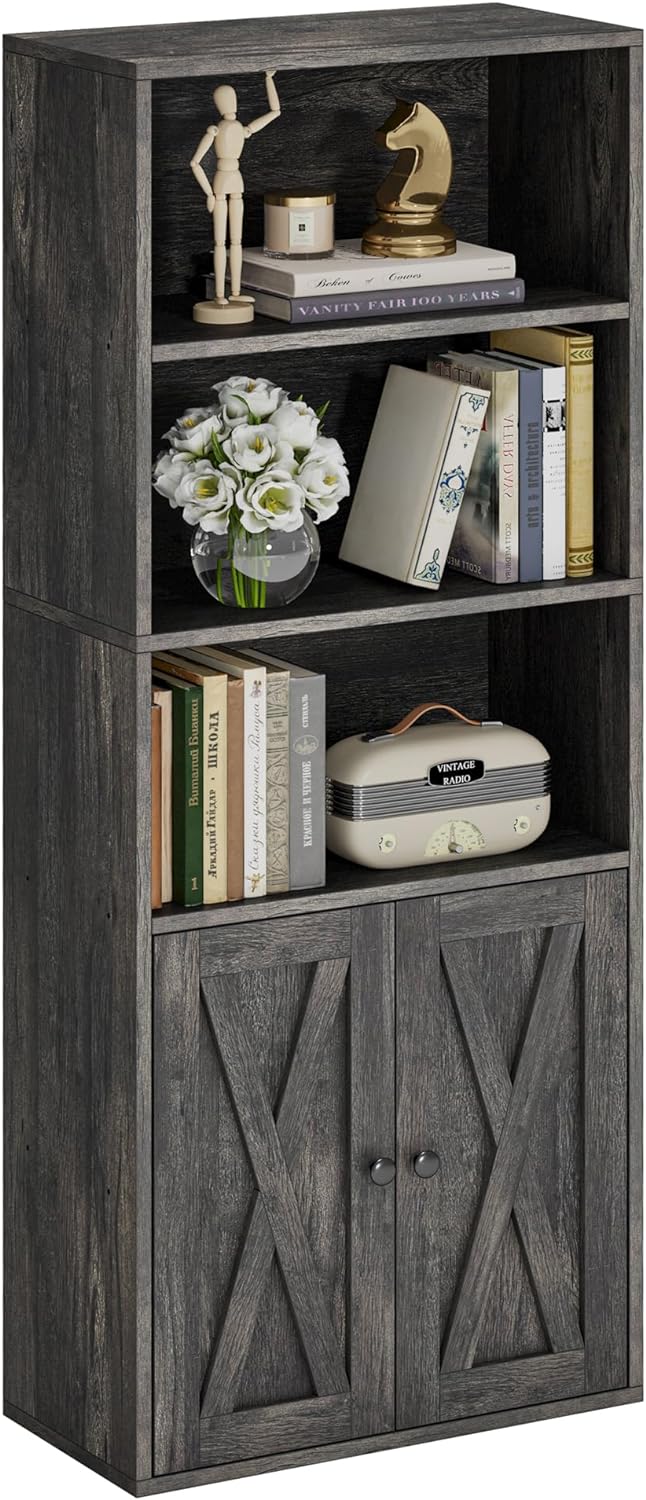 IRONCK Industrial Bookshelves and Bookcases with Doors 11.8 in Depth Floor Standing 5 Shelf Display Storage Shelves Bookcase Home Decor Furniture for Home, Office, Living Room, Bedroom