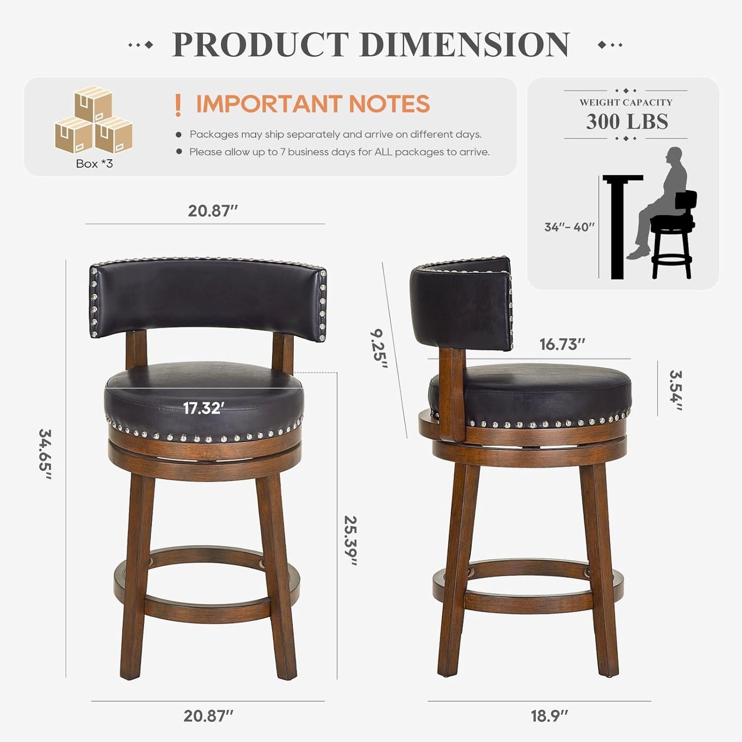 COLAMY Swivel Bar Stools Set of 3, Swivel Counter Height Barstools with Back, 25 Inch Modern Upholstered Bar Stools for Kitchen Island Dining Room Bar, Dark Brown