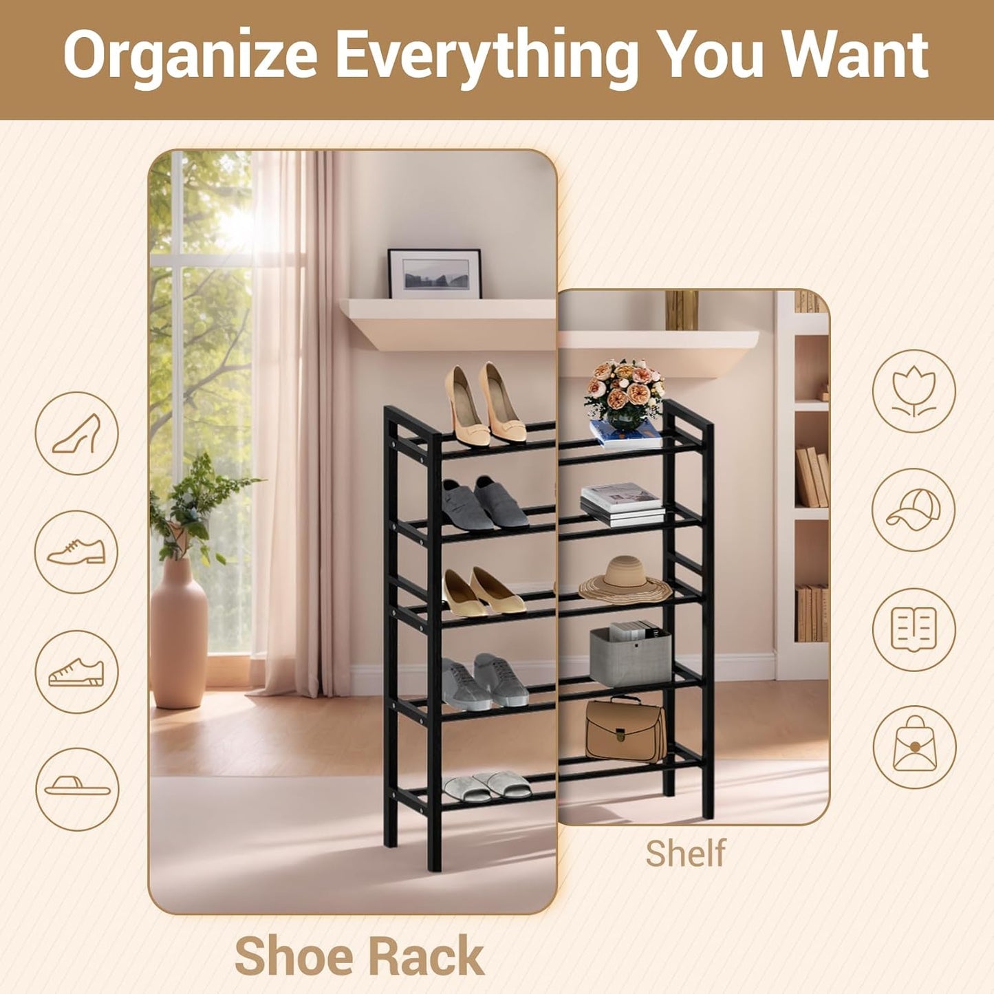 Haddockway Bamboo Shoe Rack for Closet, Free Standing Shoe Organizer with Smooth Round Rods & Convenient Handles, Stackable Shoe Storage Shelf for Entryway, Hallway(Black, 5-Tier(Small))