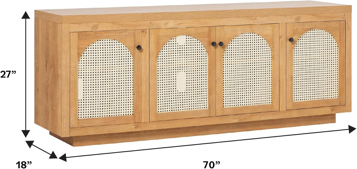 Walker Edison Sasha 4-Door Sideboard Buffet with Arched Rattan Panels, 70 Inch, English Oak