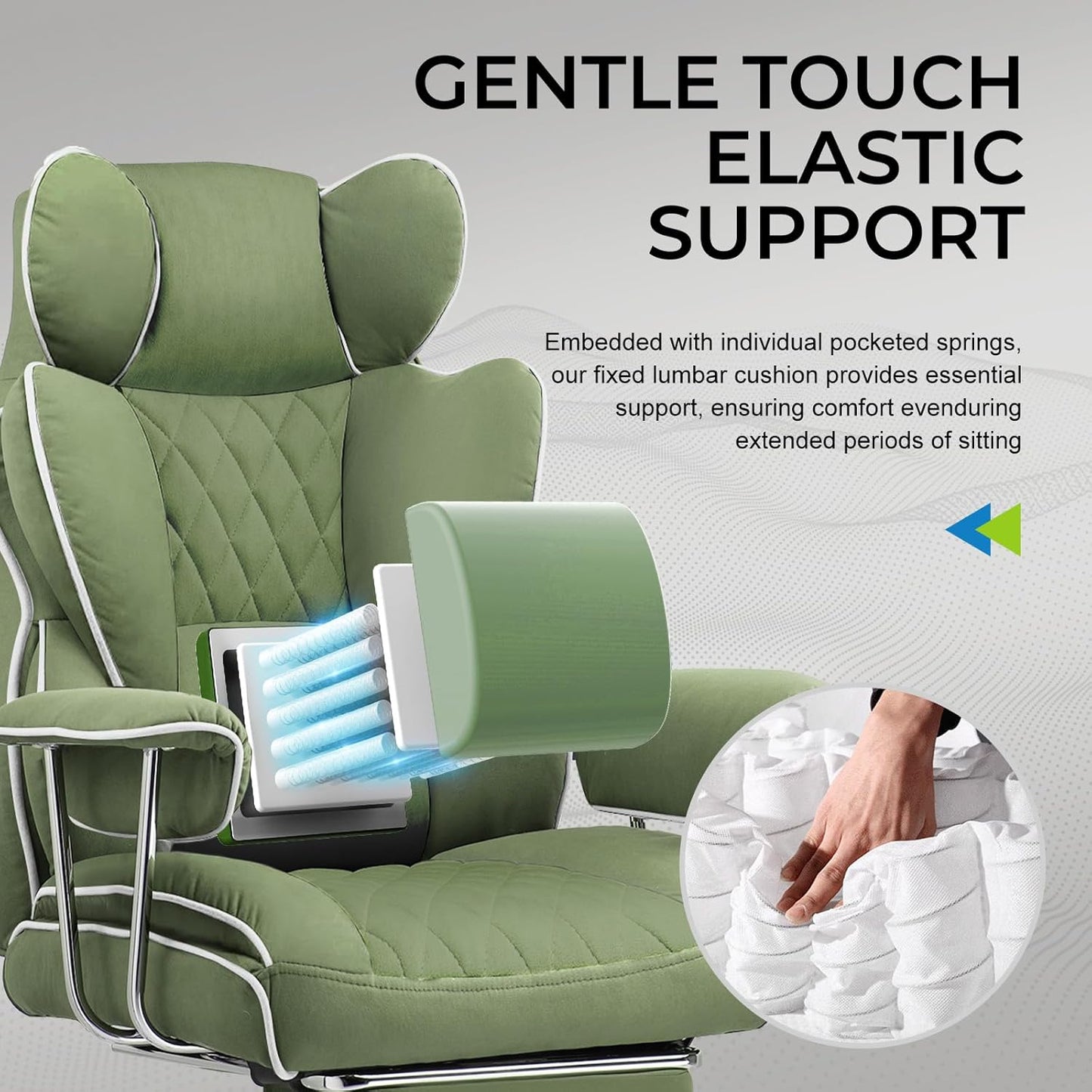 GTRACING Gaming Chair,Office Chair with Pocket Spring Lumbar Support, Ergonomic Comfortable Wide Office Desk Computer Chair with Outward Fixed Soft Armrests and Footrest (Fabric, Green)