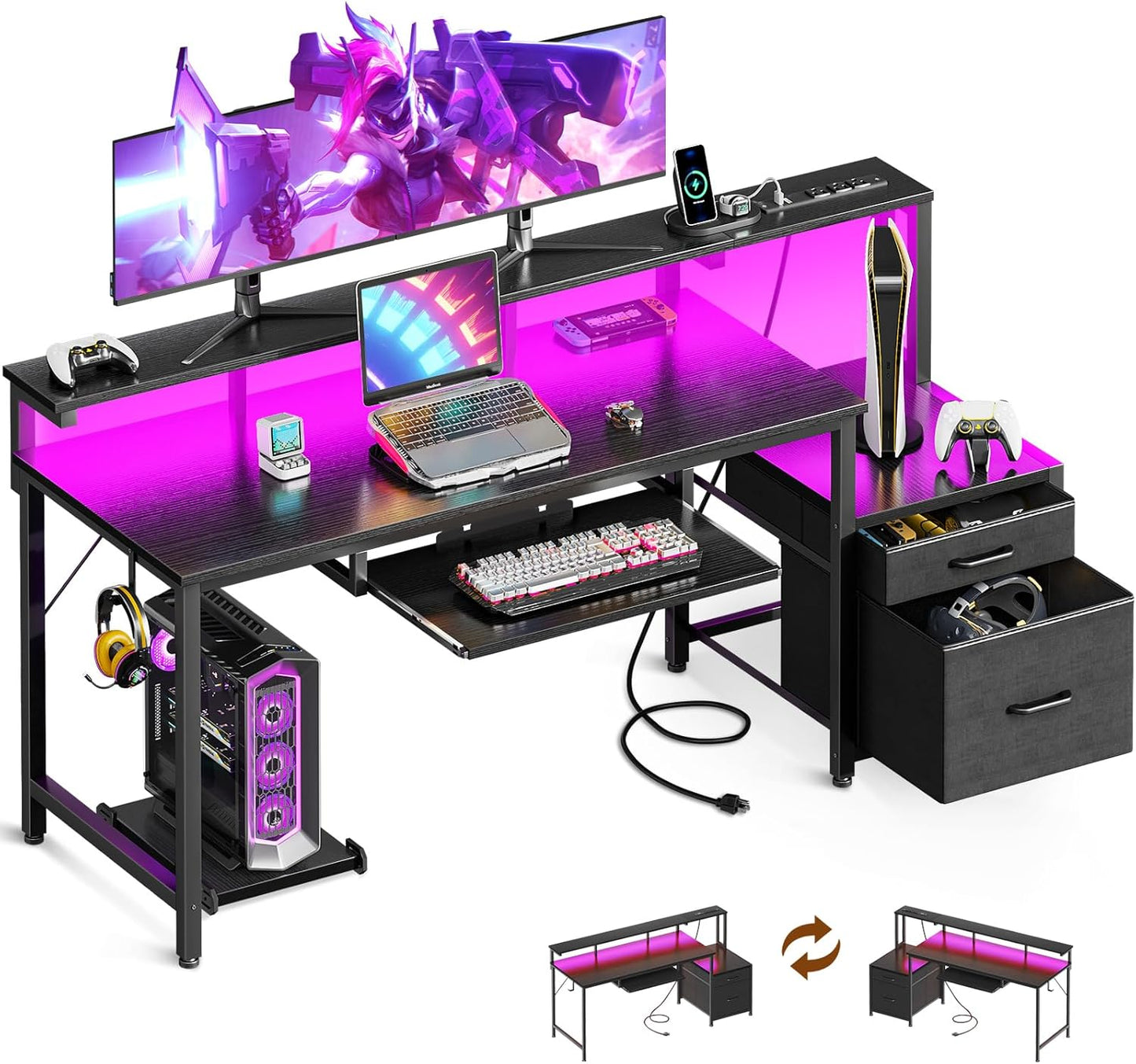 AODK Computer Desk with Drawers and Keyboard Tray, 63" Office Desk with Power Outlet and LED Lights, Reversible Study Work Desk with Printer Shelf and PC Stand for Home Office, Black