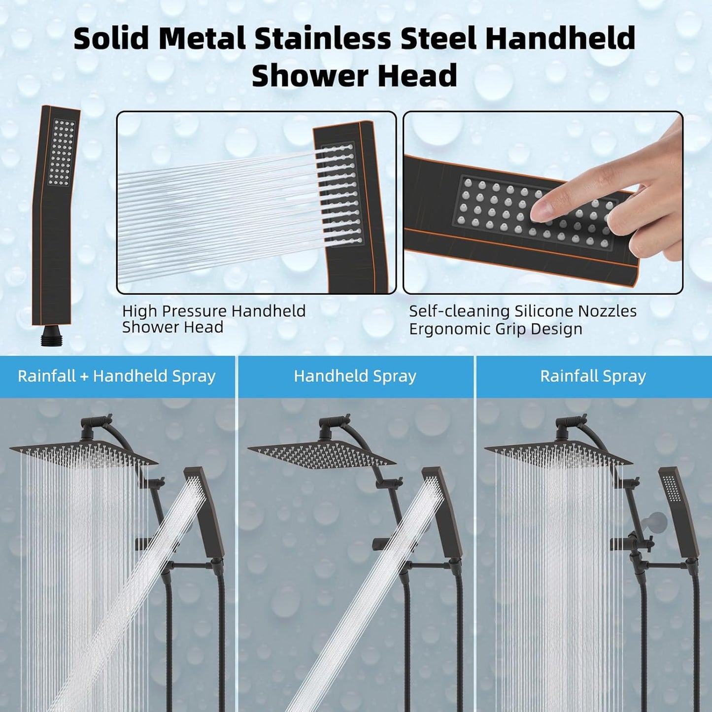 Hibbent All Metal 10'' Rainfall Shower Head, Shower Head Combo, High Pressure Handheld Shower Wand, 16'' Adjustable Arc-shaped Shower Extension Arm, 71'' Hose, Showerhead Holder, Oil Rubbed Bronze