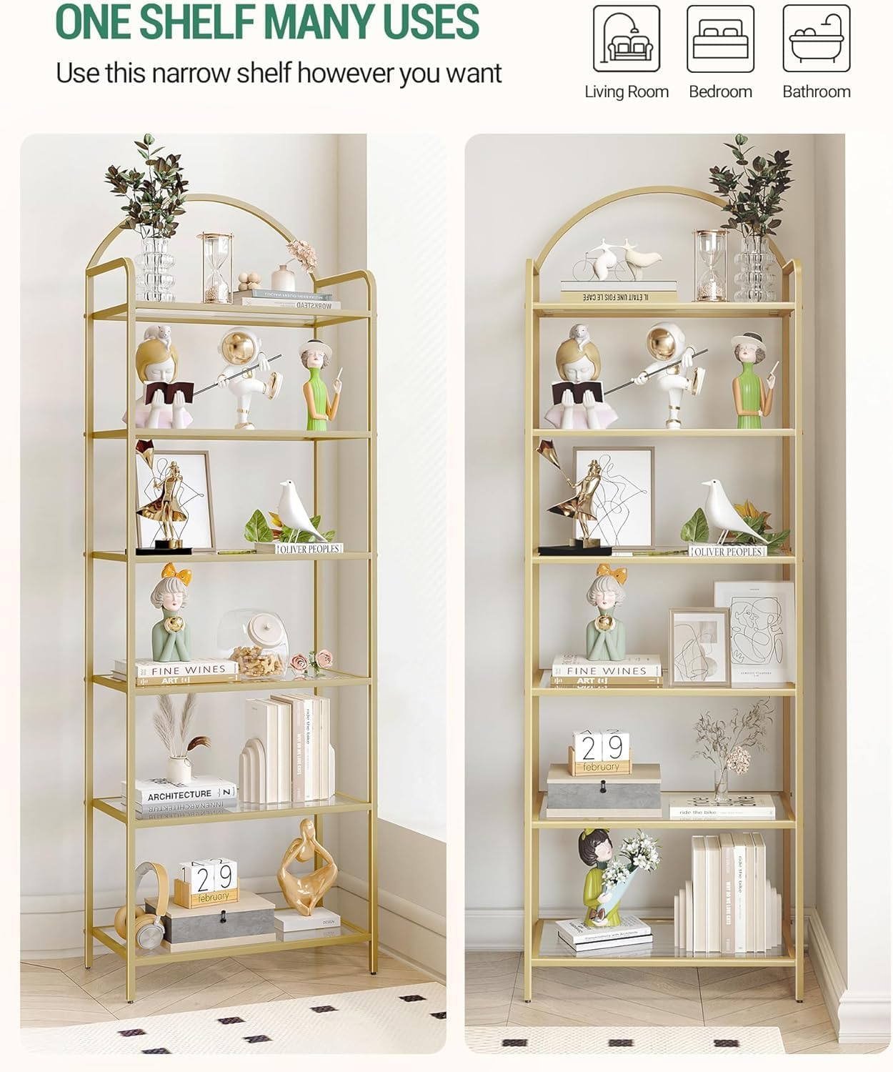 Bookcase Bookshelf, Tempered Glass Bookshelves, Slim Shelving Unit for Bedroom, Bathroom, Home Office, Steel Frame, 6 Tier Gold BC21699G