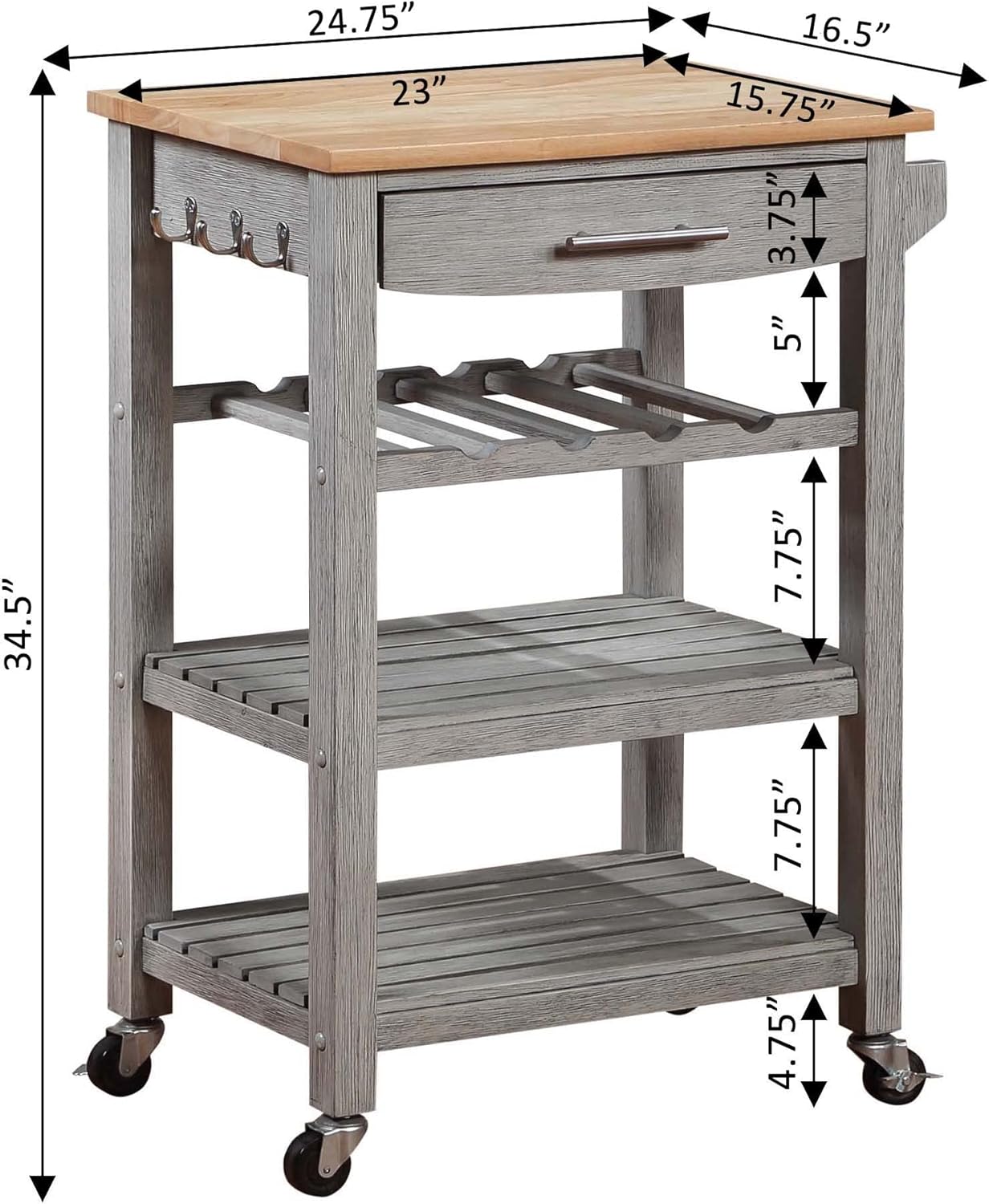 Convenience Concepts Ellaine 4 Tier Kitchen Cart with Drawer and Wine Rack, 24.75 x 16.5 x 34.5, Wirebrush Light/Butcher Block