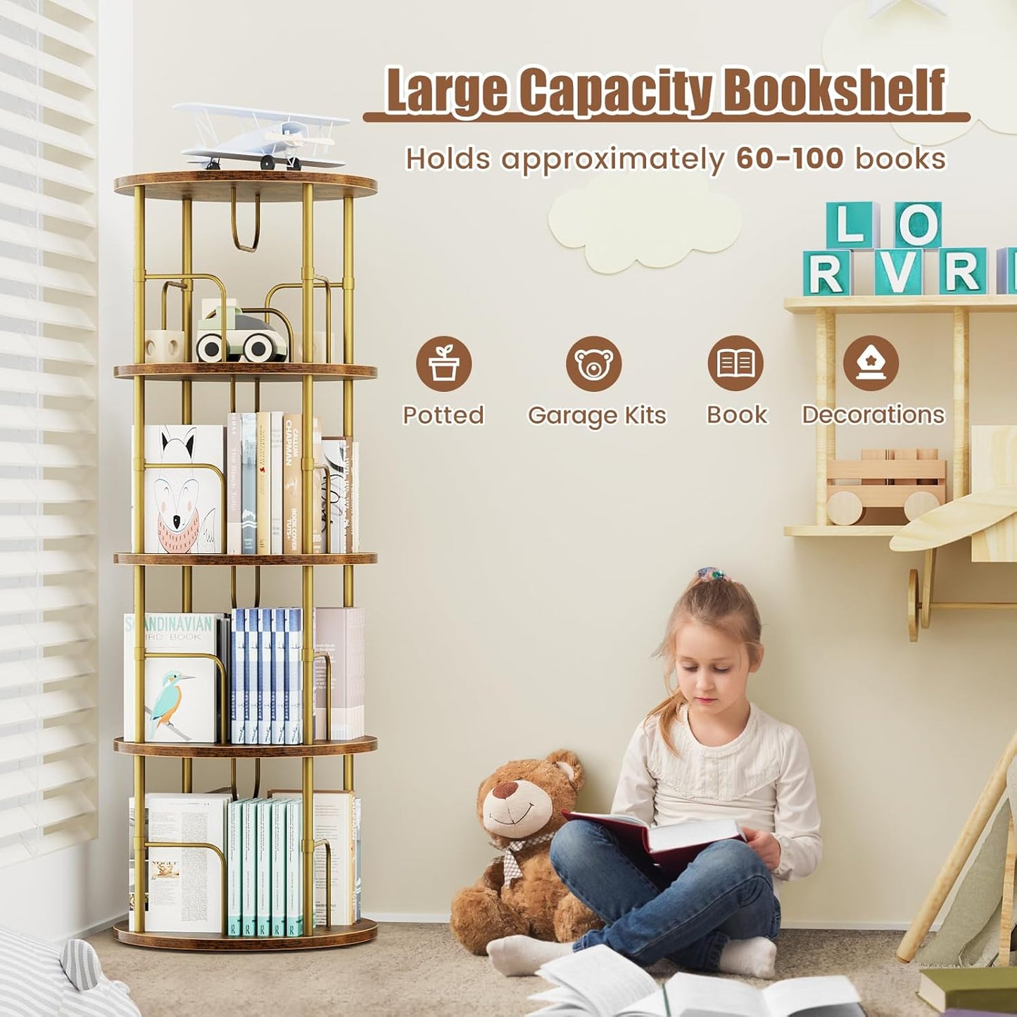 Rotating Bookshelf, 4 Tier Spinning Bookshelf Tower, 360° Display Unique Round Bookcase, Floor Standing Corner Revolving Bookshelf Storage Organizer for Small Spaces, Home Study Office, Gold