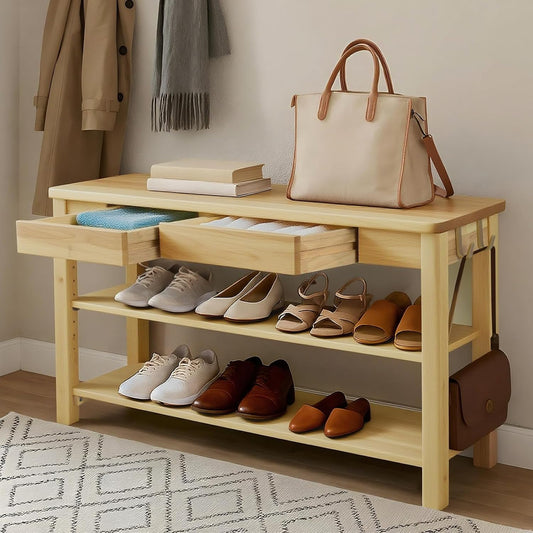 Wood Shoe Bench Entryway with Drawer: 2-Tiers Wooden Storage Shoe Rack with Bench Seat, Compact Mid-Century Modern Design for Entryway, Hallway,Closet,Front Door Entrance,Foyer Natural 43.3"