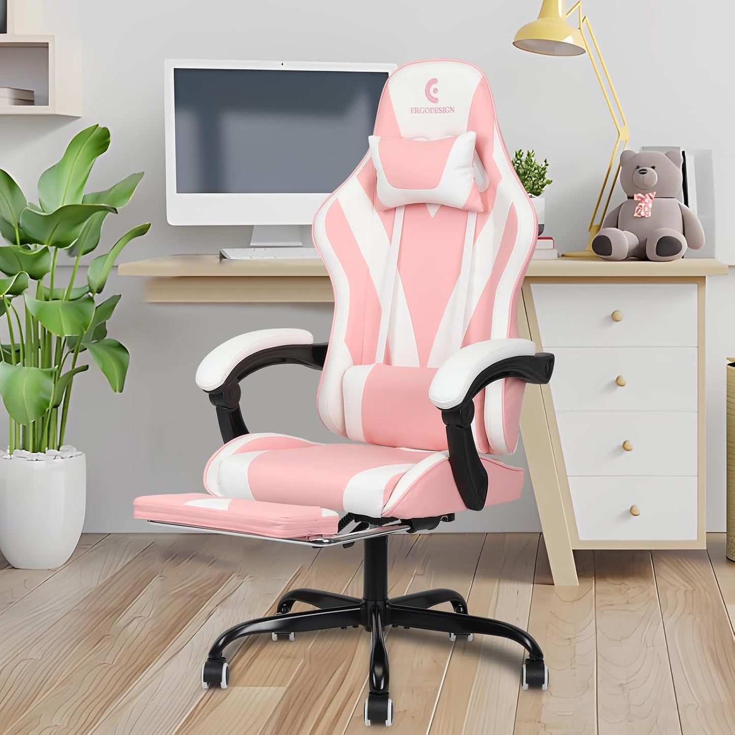 Gaming Chair with Linkage Armrest & Footrest, High Back Video Gaming Chair, Pink/White