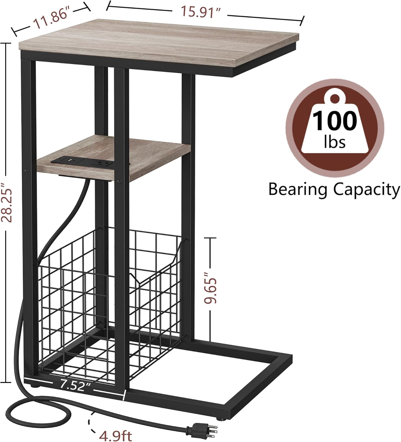 Vagusicc C Shaped End Table with Charging Station, Side Table for Couch, Small Side End Table for Small Spaces, 28" High Slide Under Sofa Table for Coffee, Tv Tray Table for Living Room, Greige