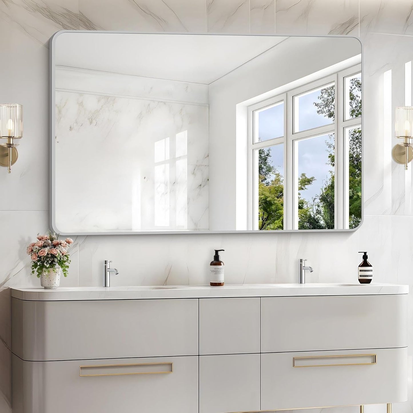 55x36 Inch Silver Bathroom Mirror, Large Rectangular Vanity Mirror, Metal Framed Rectangle Mirror, Rounded Corner Wall Mounted Mirrors for Living Room Bedroom Entryway Horizontal or Vertical