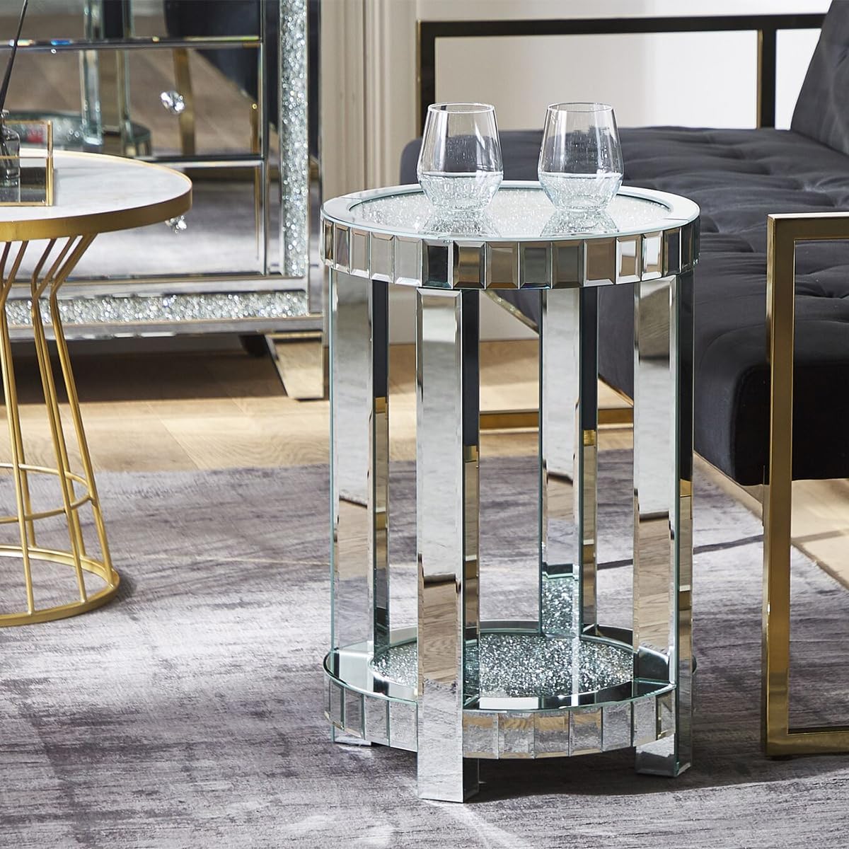 SHYFOY Mirrored End Table Round with Crystals Inlay, 2-Tier Modern Small Sofa Table with Storage, Silver Accent Table for Living Room, Bedroom, Coffee, and Small Spaces
