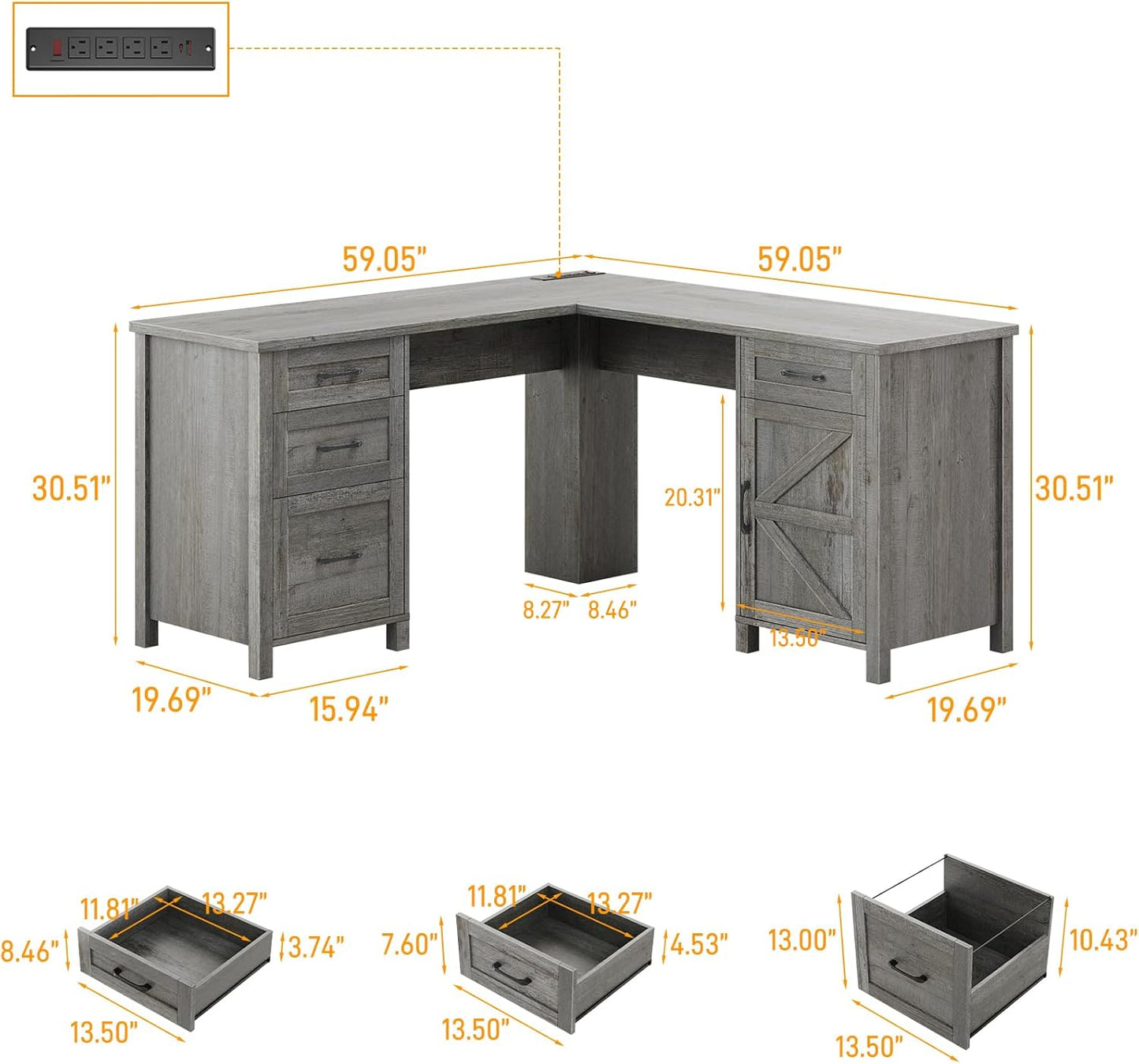 59” L Shaped Executive Desk with Power Outlets, Farmhouse Home Office Desk with Flie Drawer,Stroage Cabinet, Wood Corner Sturdy Writing Workstation.(Gray.