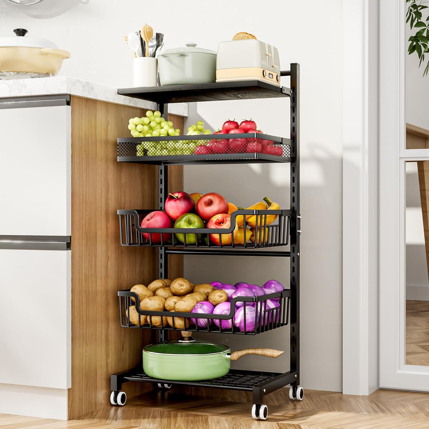 HapiRm Fruit Basket Kitchen Cart - 5 Tier Adjustable Vegetable Storage Rack, Large Capacity Rolling Kitchen Carts on Wheels for Snack Onion and Potato Storage