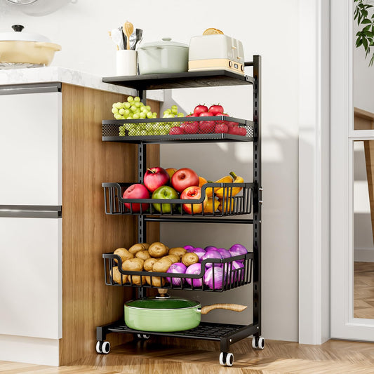 HapiRm Fruit Basket Kitchen Cart - 5 Tier Adjustable Vegetable Storage Rack, Large Capacity Rolling Kitchen Carts on Wheels for Snack Onion and Potato Storage