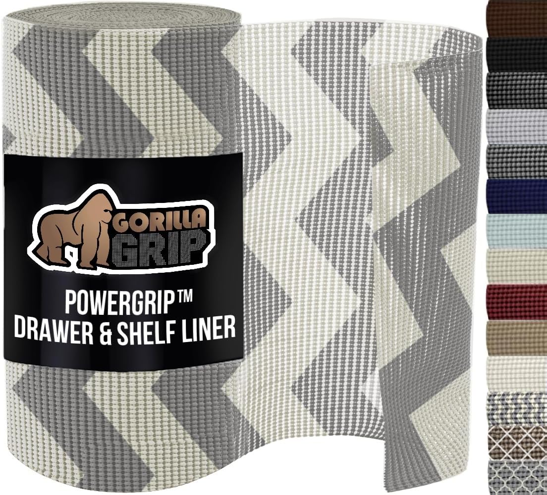 GORILLA GRIP powerGRIP Drawer Shelf and Cabinet Liner, Thick Strong Hold, Non-Adhesive Liners Protect Kitchen Cabinets and Cupboard, Bathroom Drawers, Easy Install, Breathable Mat, 17.5"x20', Chevron