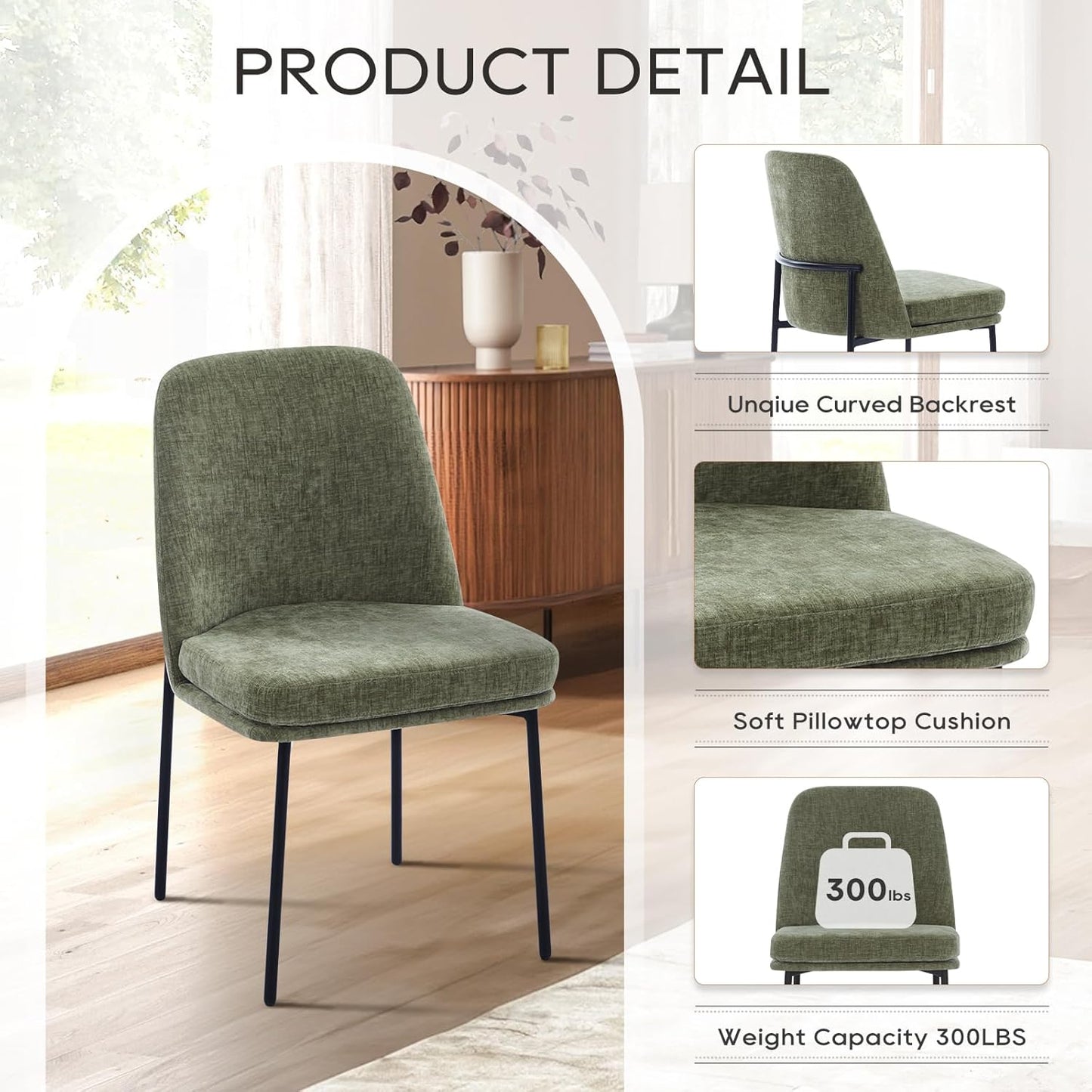 COLAMY Modern Dining Chairs Set of 2, Fabric Upholstered Dining Room Chairs Dinner Chair Stylish Kitchen Chairs with Curved Back and Metal Legs, Green