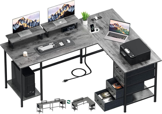59 inch L Shaped Computer Desk with Power Outlets, Home Office Desk with 4 Adjustable Storage Drawers & 2 Monitor Stands, Two Person Gaming Table for Bedroom, Grey