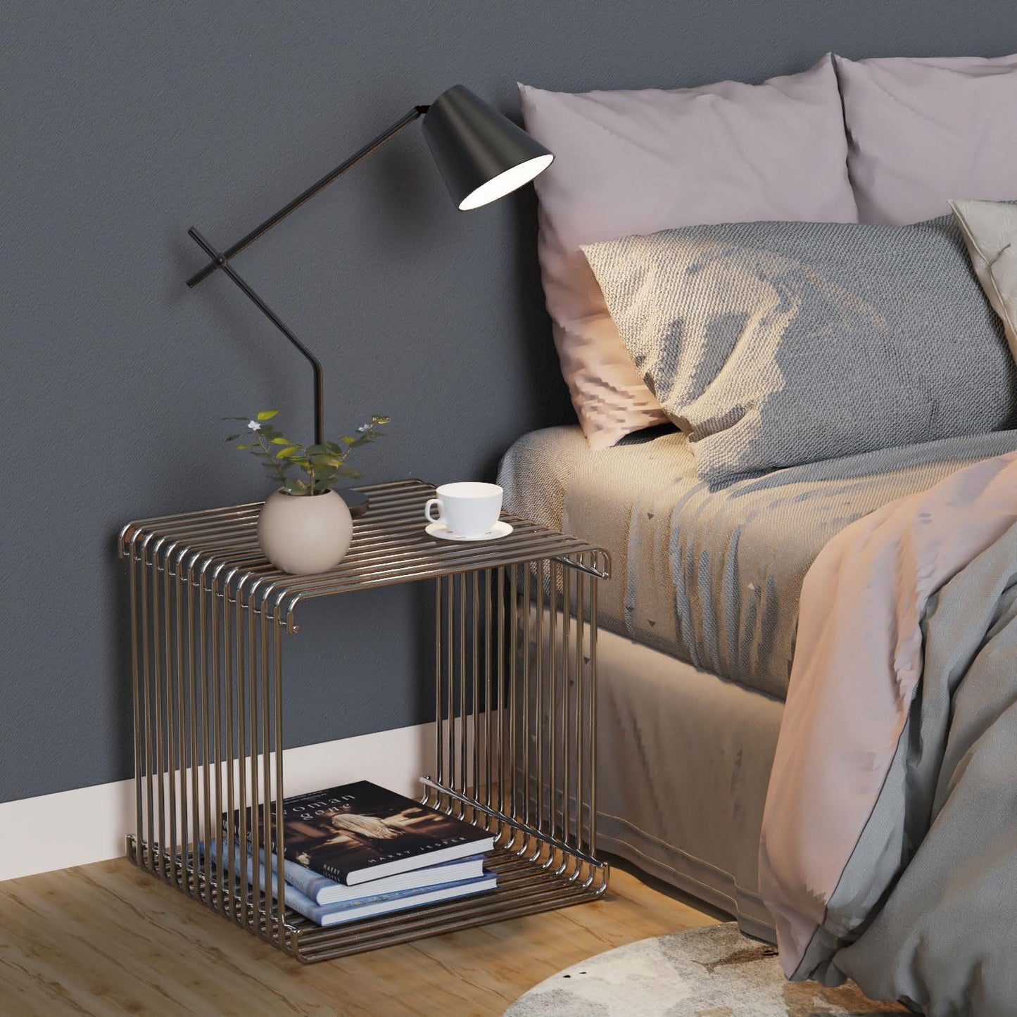 Square Geometry Retro Side Table Prime-Stainless Steel Linear Metal End Table, Iron Multi-Purpose Desktop Shelf (Silver)