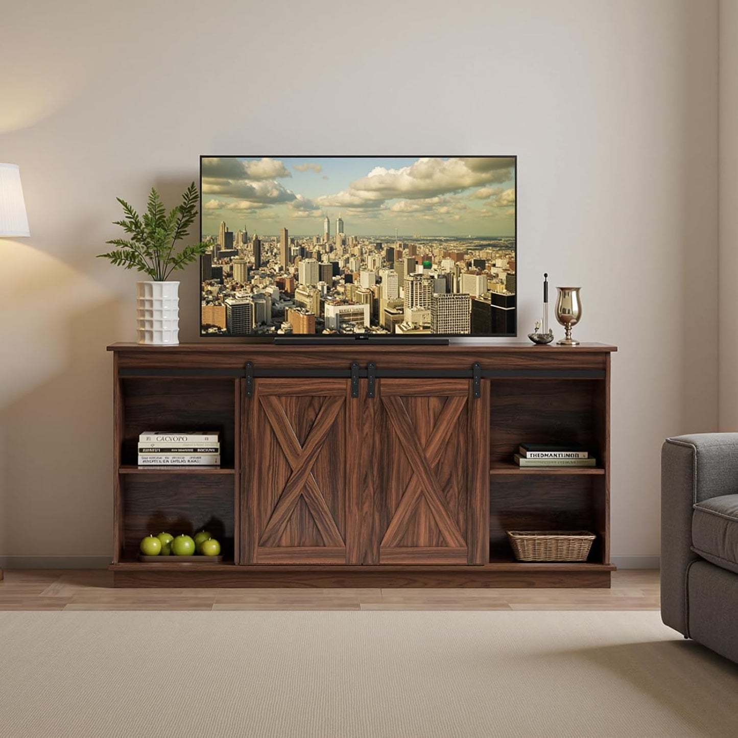 Sweetcrispy TV Stand for Televisions up to 65 Inch Farmhouse Entertainment Center with Storage Cabinets Sliding Barn Doors Modern Living Room Furniture Media Console Table for Bedroom, Brown