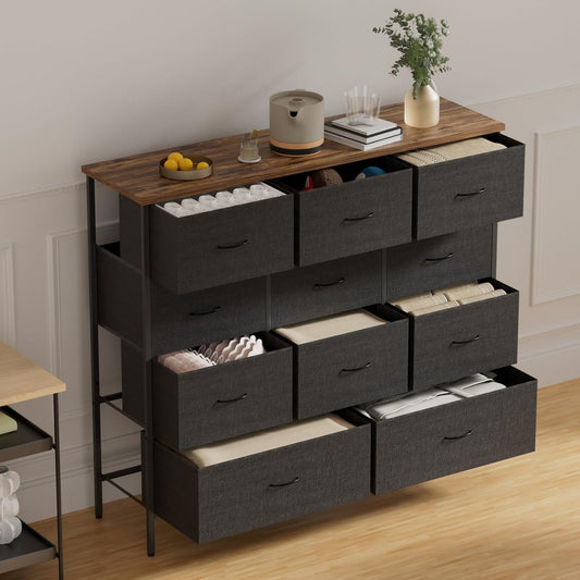 43.3" Wide Fabric Dresser for Bedroom, Chest of Drawers with 11 Deep Drawers, Multi-Drawers TV Stand TV Console, Storage Organizer for Closet, Nursery (Black)