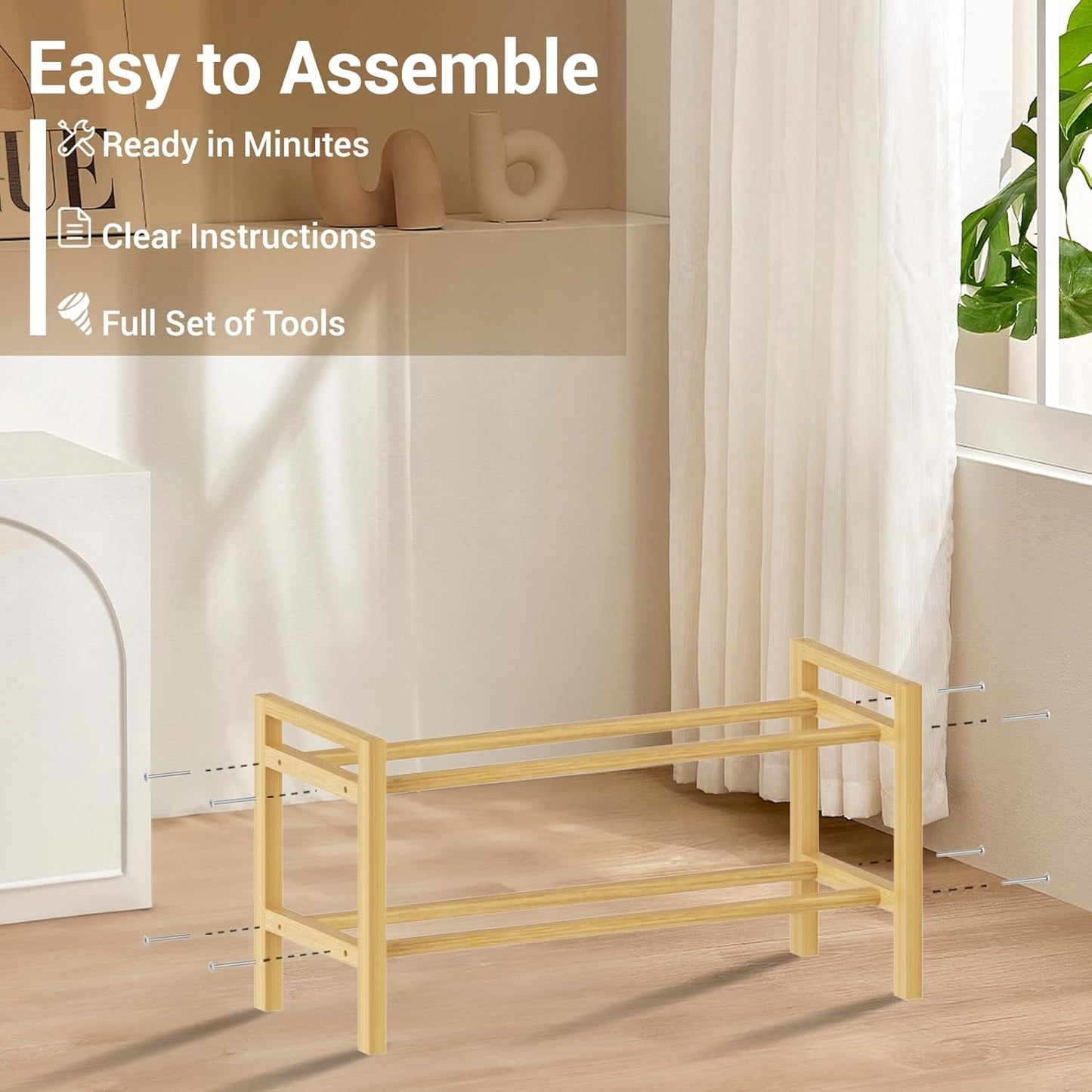 Haddockway Bamboo Shoe Rack for Closet, Free Standing Shoe Organizer with Smooth Round Rods & Convenient Handles, Stackable Shoe Storage Shelf for Entryway, Hallway(Natural, 2-Tier(Small))