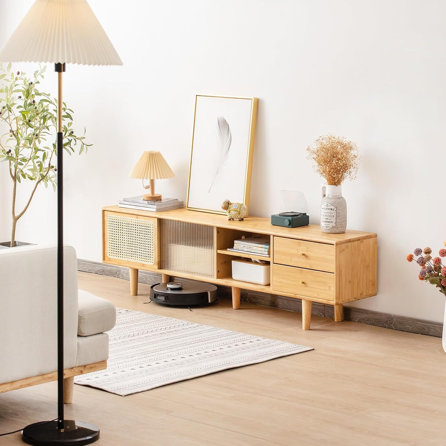 Tiita Rattan TV Stand for 55 65 Inch TV, Bamboo TV Cabinet with 2 Drawers, Boho Entertainment Center with Adjustable Shelf, Mid Century Modern Media Console for Bedroom, Living Room, Wood