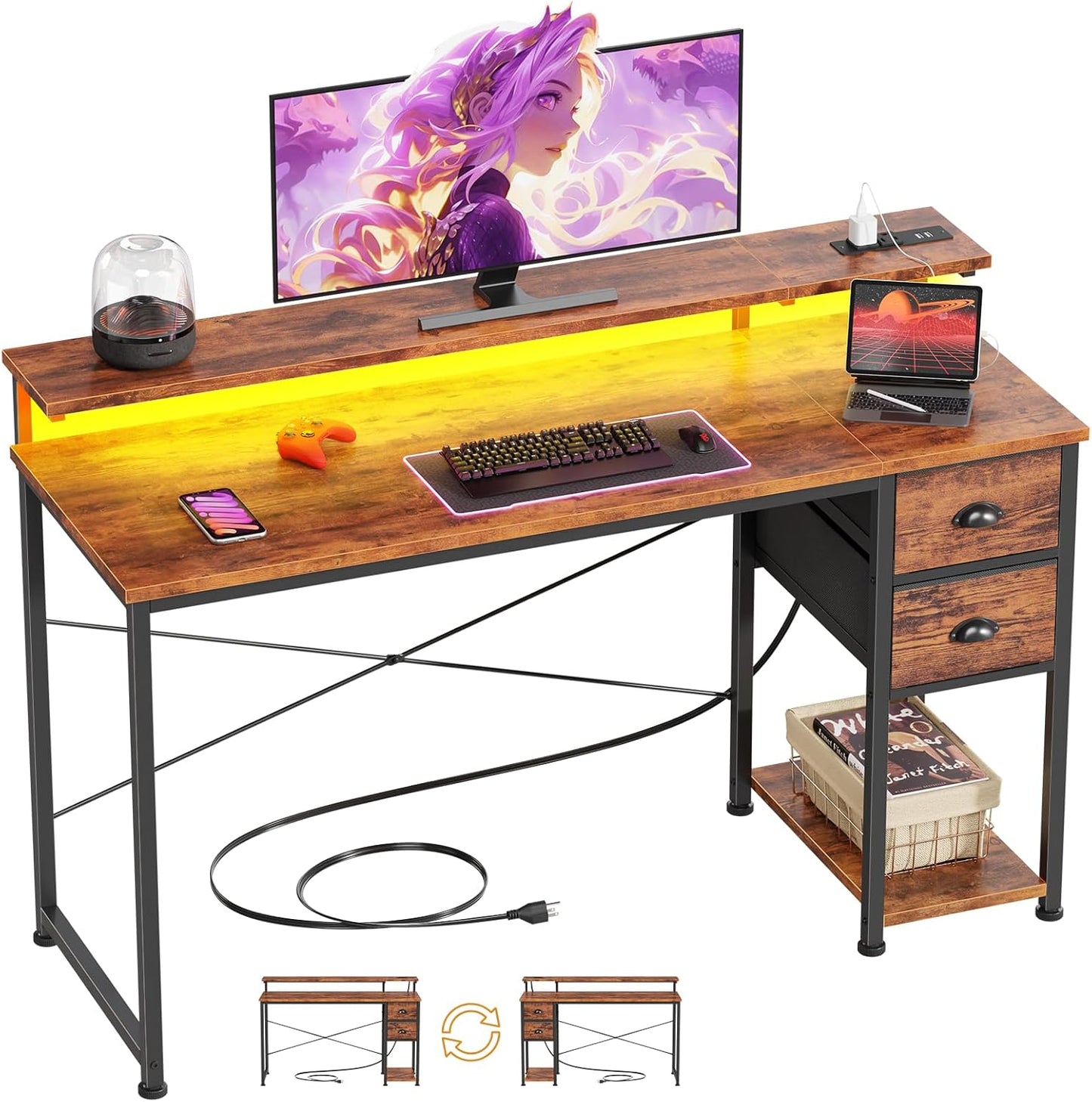 55 Inch Computer Desk with Power Outlets & LED Lights, Home Office Desk with Storage Drawers and Monitor Stand, Writing Work Study Desk for Bedroom Living Room