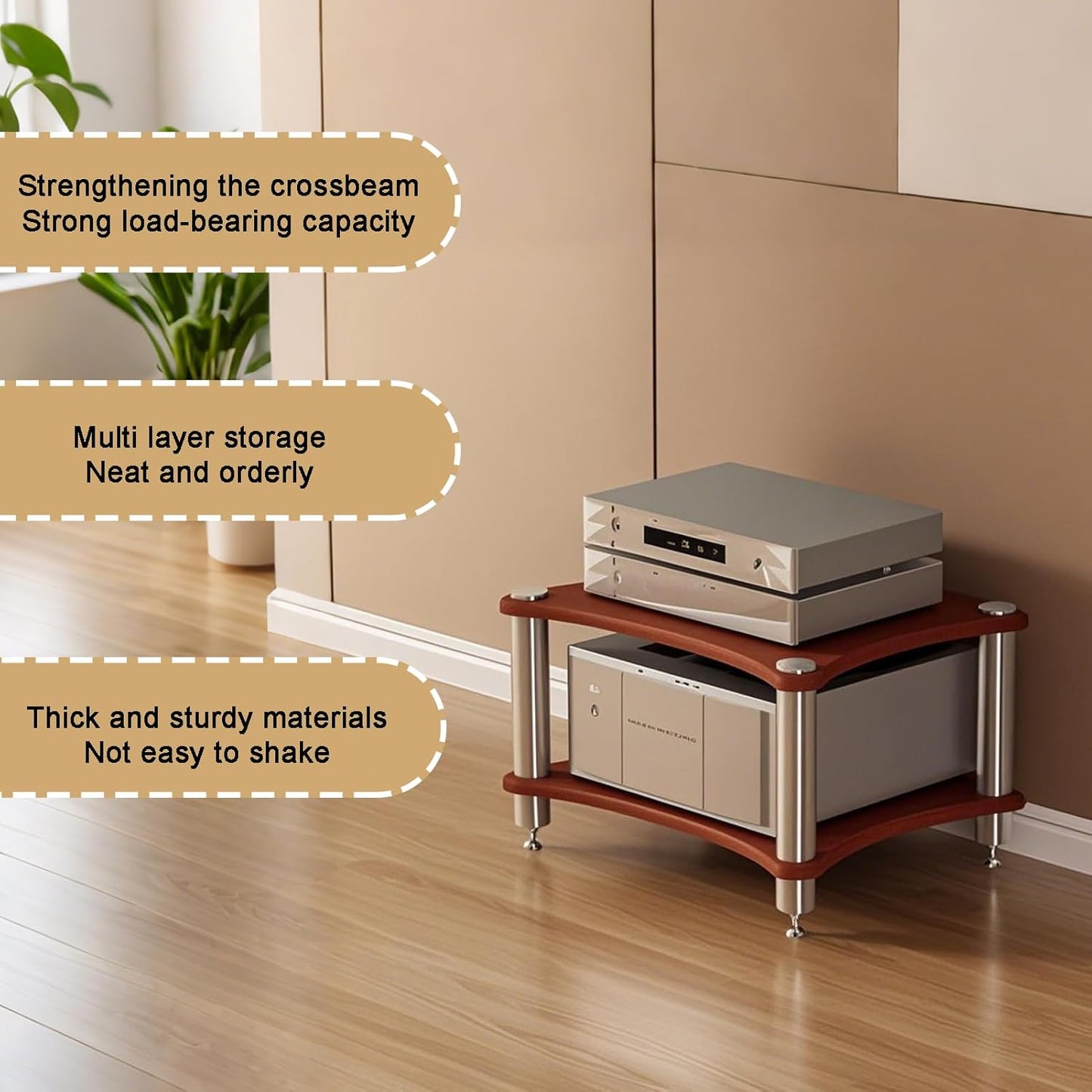 2-Tier AV Media Stand, Stereo Racks and Stands, Video Component Cabinet Audio Rack Tower for DVD Player Game Console TV Box WiFi Routert (Dark Wood, 2-Tier)