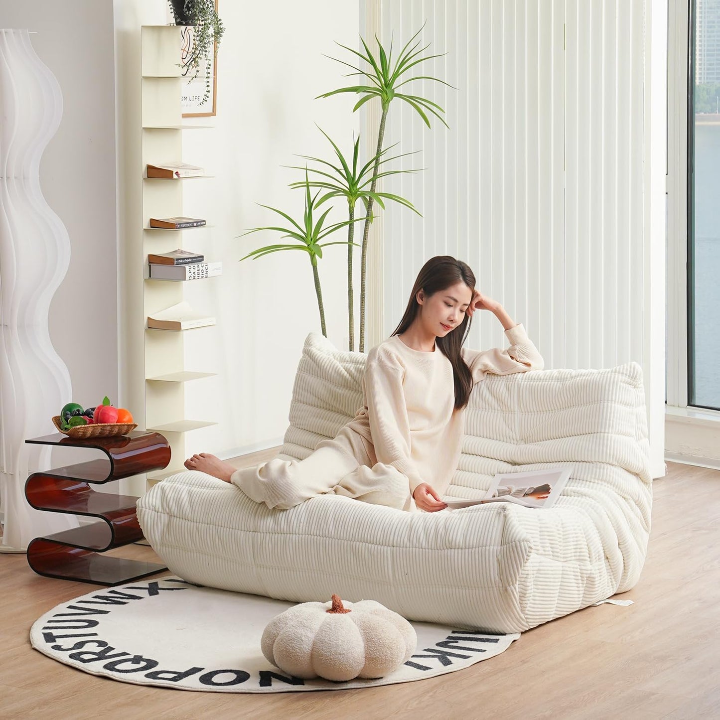 N&V Fireside Loveseat, Mid Century Armless Twin Size Floor Sofa, Soft Premium Corduroy Floor Lounge Chair, Foam Sofa Accent Chair for Living Room Bedroom and Office (Tangerine)