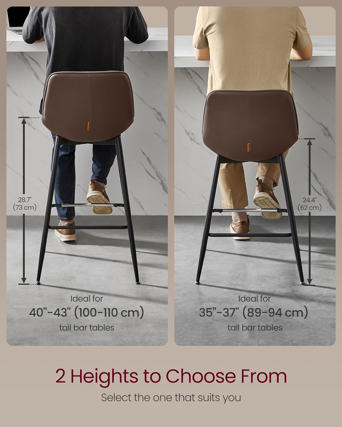 VASAGLE Bar Stools Set of 2, Bar Height Bar Stools with Back, Ergonomic Backrest, Synthetic Leather, Metal Legs, 28.7-Inch Tall Barstools for Kitchen Island Home Bar, Easy Assembly, Chestnut Brown