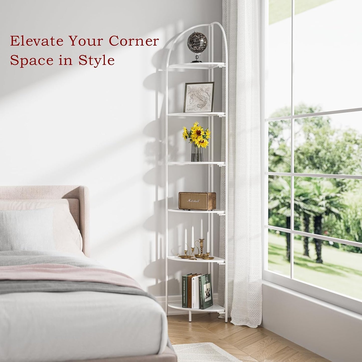 Crofy Foldable 6 Tier Corner Shelf, Metal Corner Plant Stand with White Frame and White Shelves, Corner Display Rack Multipurpose Shelving Unit for Living Room, Bedroom, Bathroom