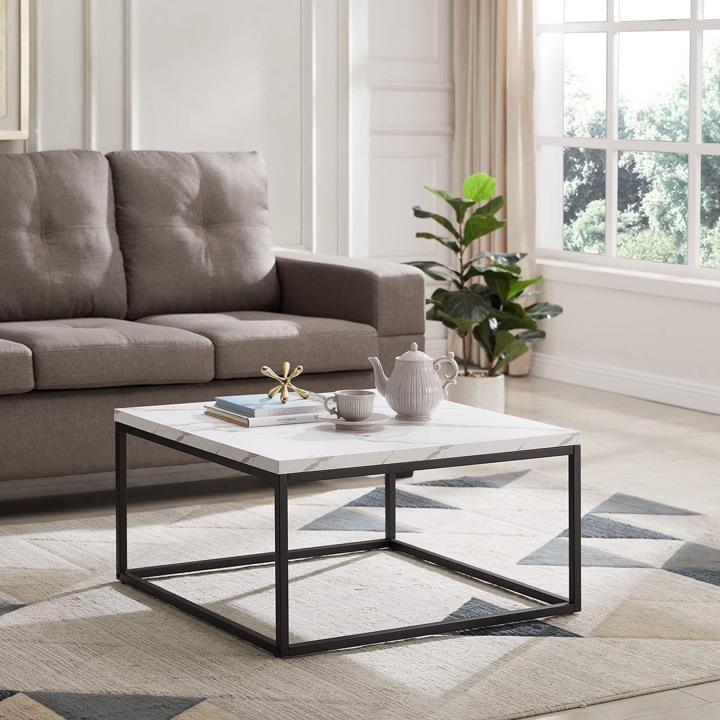 CENSI 30"x30" Marble Accent Coffee Table Ottoman for Living Room, Modern Industrial Style, 1.2" Extra Thick Tabletop (White Marble)