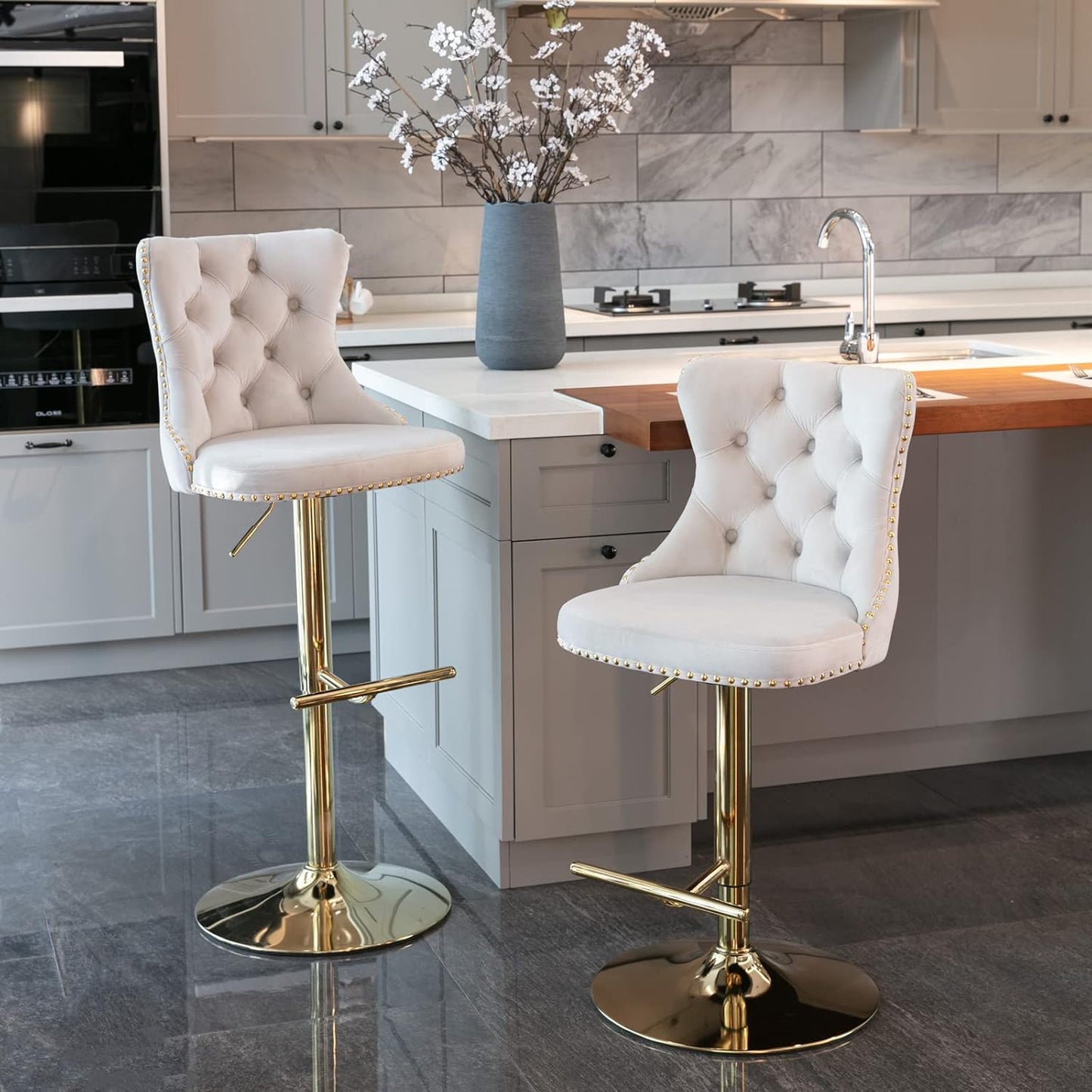 PacknWood Acosure Golden Swivel Velvet Barstools Adjusatble Seat Height from 25-33" with Comfortable Tufted,Modern Upholstered Chrome Base Bar Chairs,for Home Pub Kitchen,Beige,Set of 2