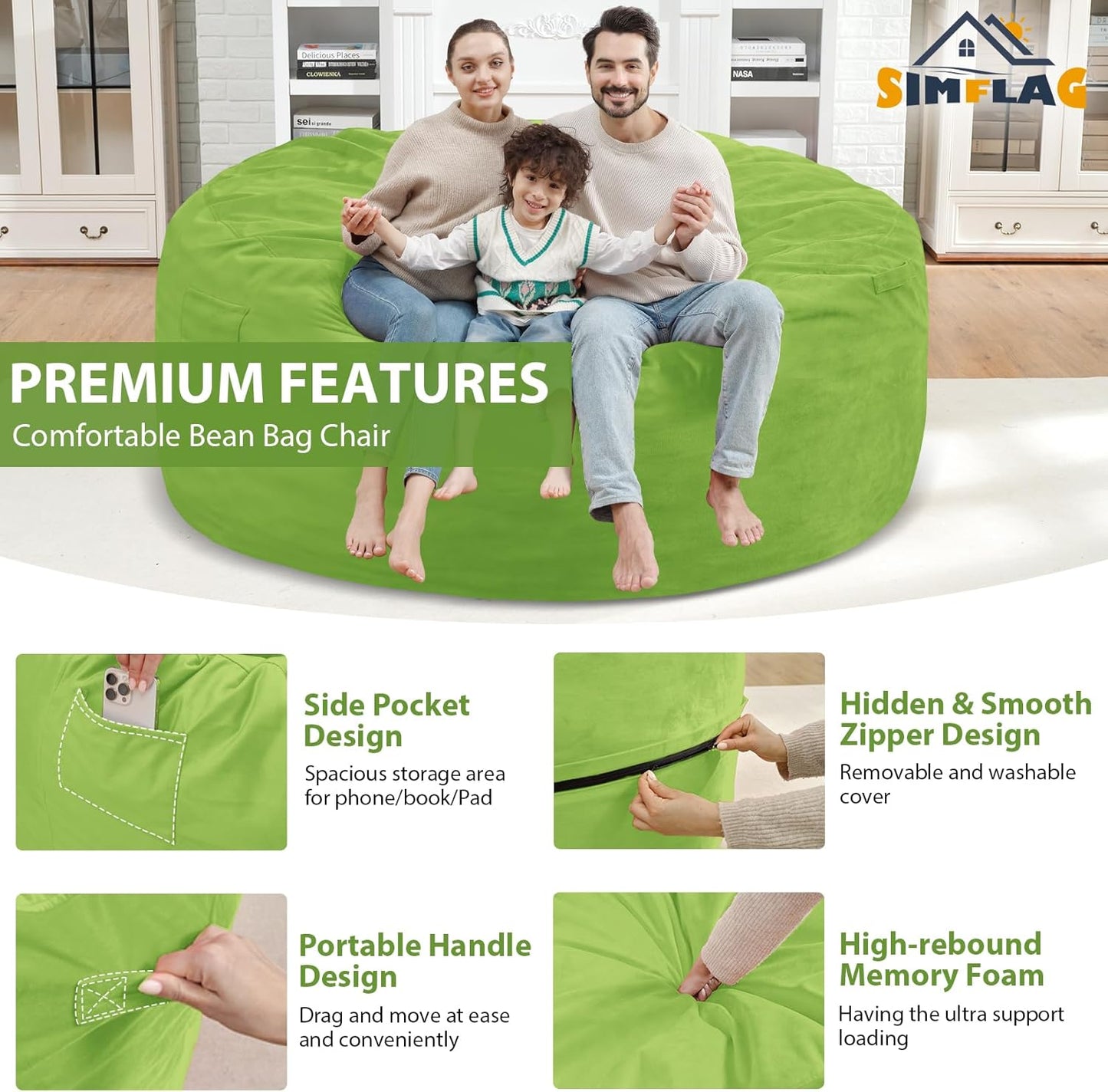 6FT Bean Bag Chair, Large Bean Bag Chairs with Memory Foam Filled, Fluffy Beanbag Sofa with Dutch Velvet Cover, Round BeanBag Chairs for Living Room, Playroom - Lime