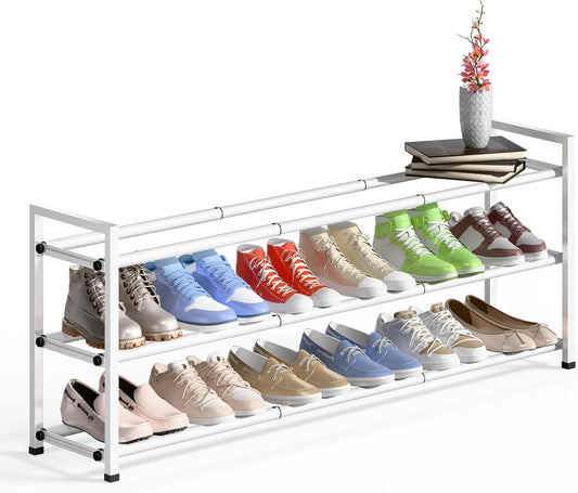Bumusty 3-Tier Long Expandable Shoe Rack for Closet, 18"-44" Adjustable Shoe Rack for Entryway, 15-18 Pairs Large Shoe Organizer Shelf Storage, Sturdy Metal, White