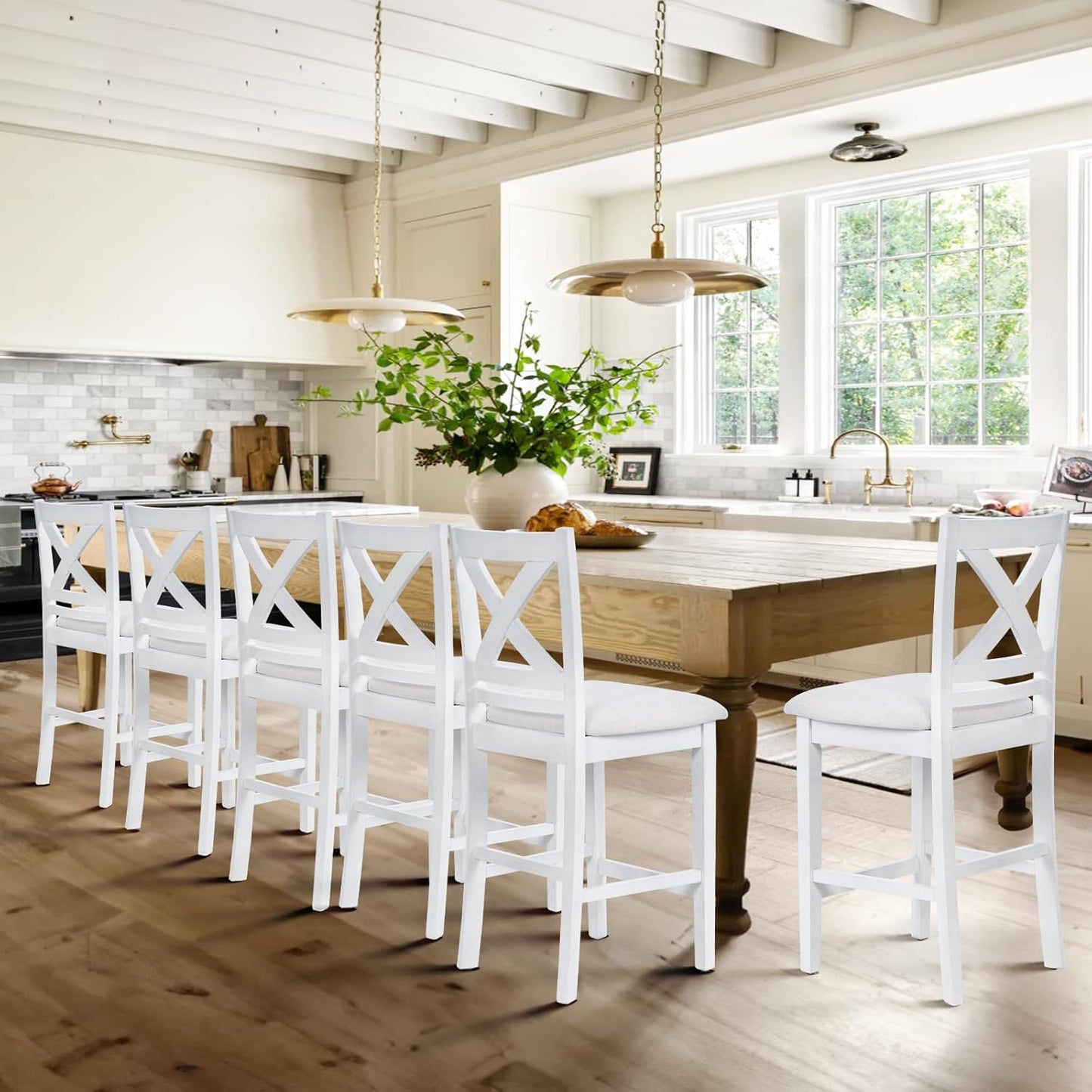 COLAMY Bar Stools Set of 6, Counter Height Bar Stools, Mid Century Modern Barstools, Wood Barstools for Kitchen Dining Room Bar, Grey White Wash