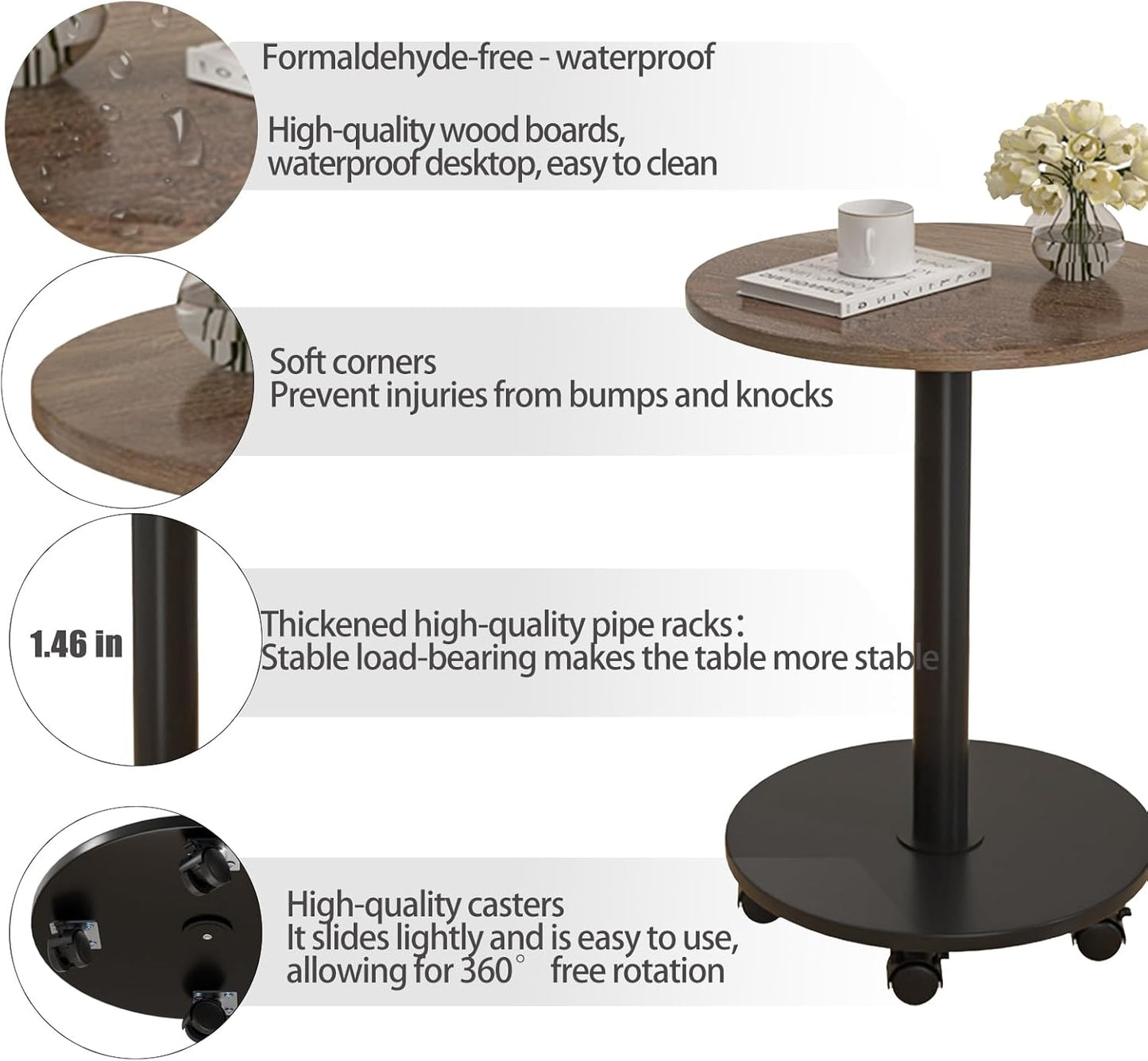 Pedestal with Wheels TV Tray Table, Rotating Couch Tables That Slide Under, Small Side Table for Living Room and Bedroom Sofas, Beds, Mini Coffee Tables, (H) 22.4 *(W) 11.8 (Assembly Required)