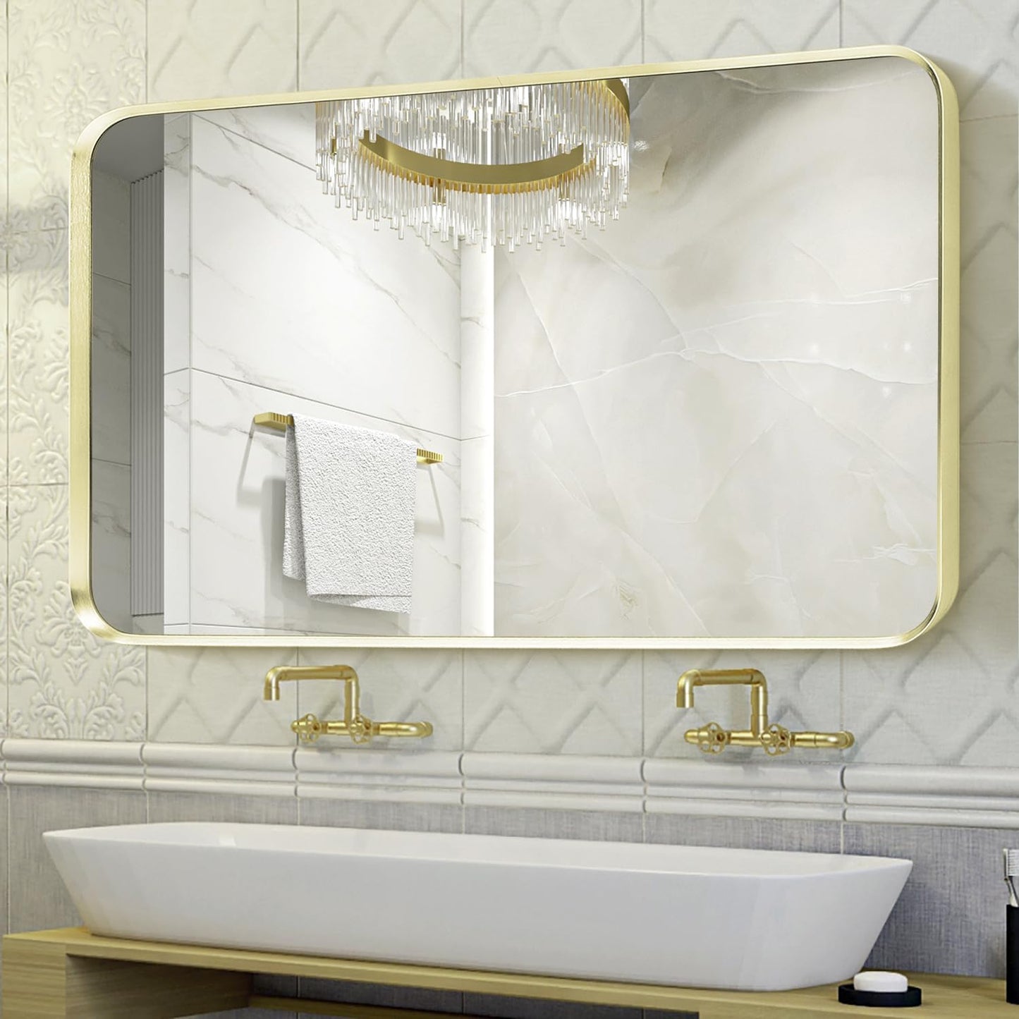 Large Gold Bathroom Mirror, Rounded Corner Rectangular Brushed Gold Frame Vanity Mirror, Wall-Mounted, Anti-Rust, Tempered Glass, Hangs Horizontally or Vertically (30" x 48", Gold)