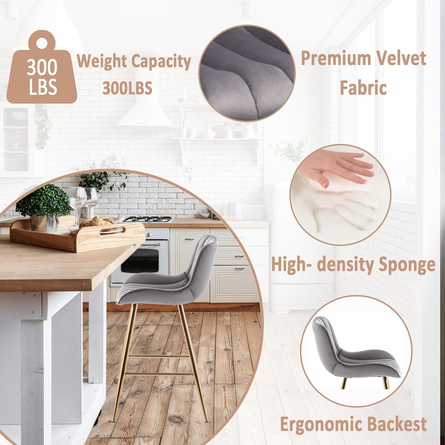 Sidanli Gold Bar Stools, 24” Velvet Barstools, Kitchen Chairs Set of 2 for Counter Height with Back and Footrest, Gray