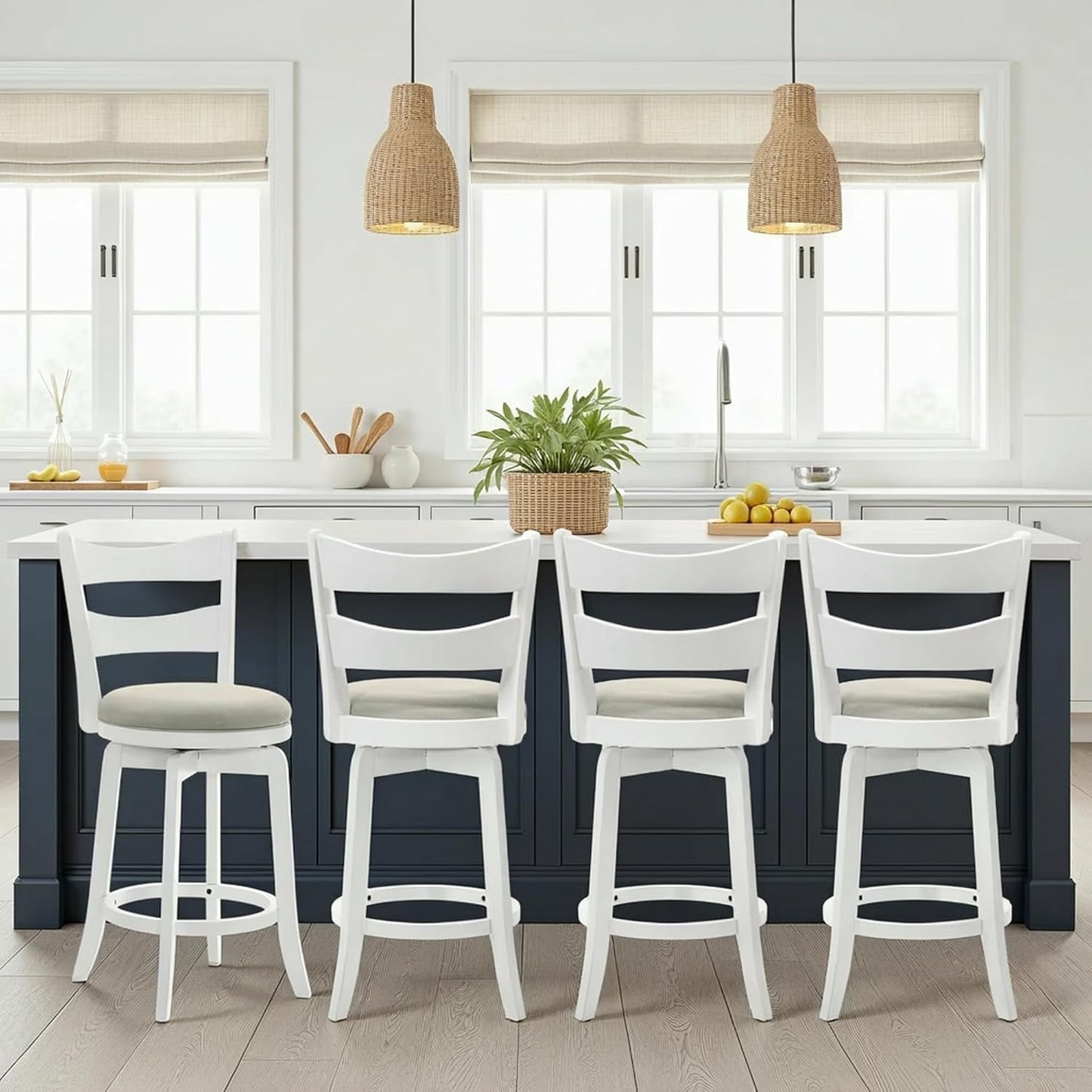 Armen Living Blair 26 in. Matte White Counter Height Rubberwood Swivel Barstool with Fog Fabric Seat - Set of 4