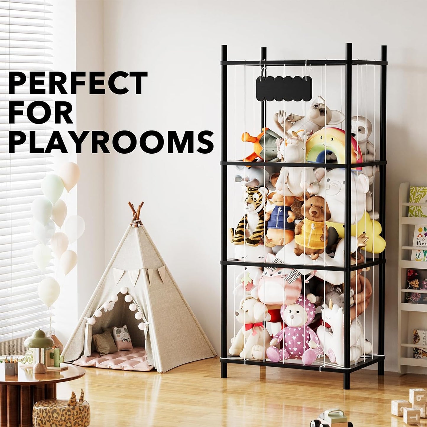 SpaceAid Stuffed Animal Storage Organizer, Wood Animals Zoo Toy Plushies Storage Holder, Large Capacity Plush Toy Cage for Playroom Organization, 22.8" Wide, Black