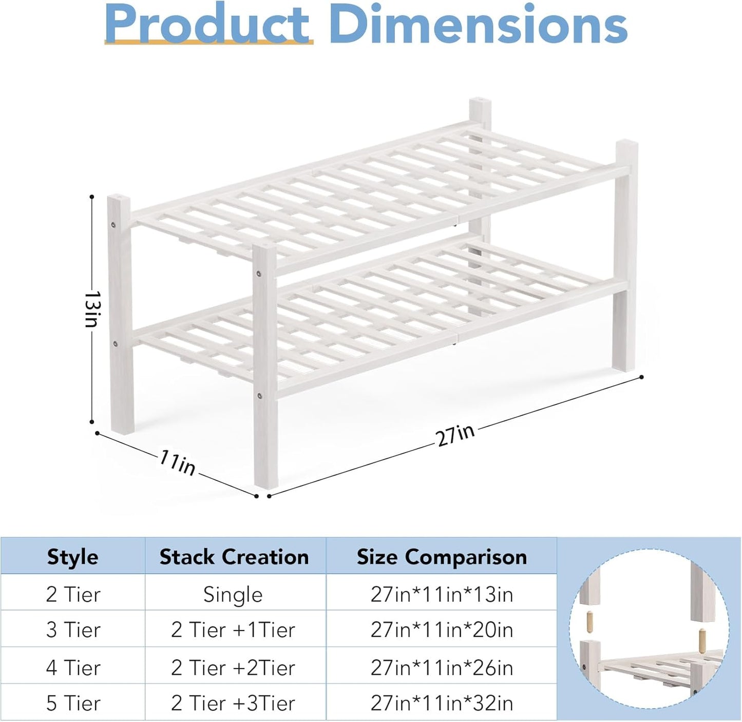 Haddockway 2 Tier Bamboo Shoe Rack Storage Organizer, Multifunctional Free Standing Stackable Shoe Shelf with Grid Panel for Closet,Hallway,Entryway,Small Space 27"x11"x13" (White, 2 Tier)