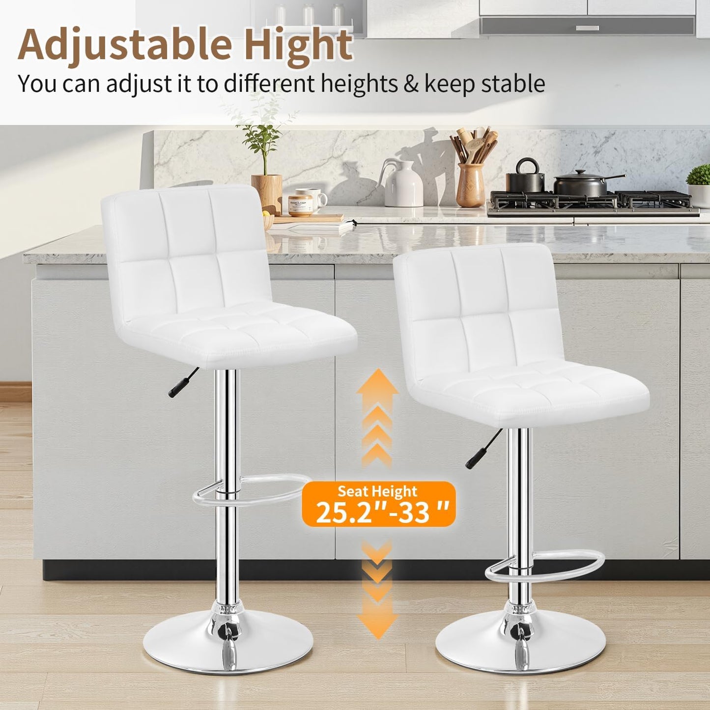 BestOffice Bar Stools Set of 2, Adjustable PU Leather Swivel Barstools, Modern Counter Stools with Back and Footrest, Counter Height Barstools for Bar, Kitchen and Dining Room